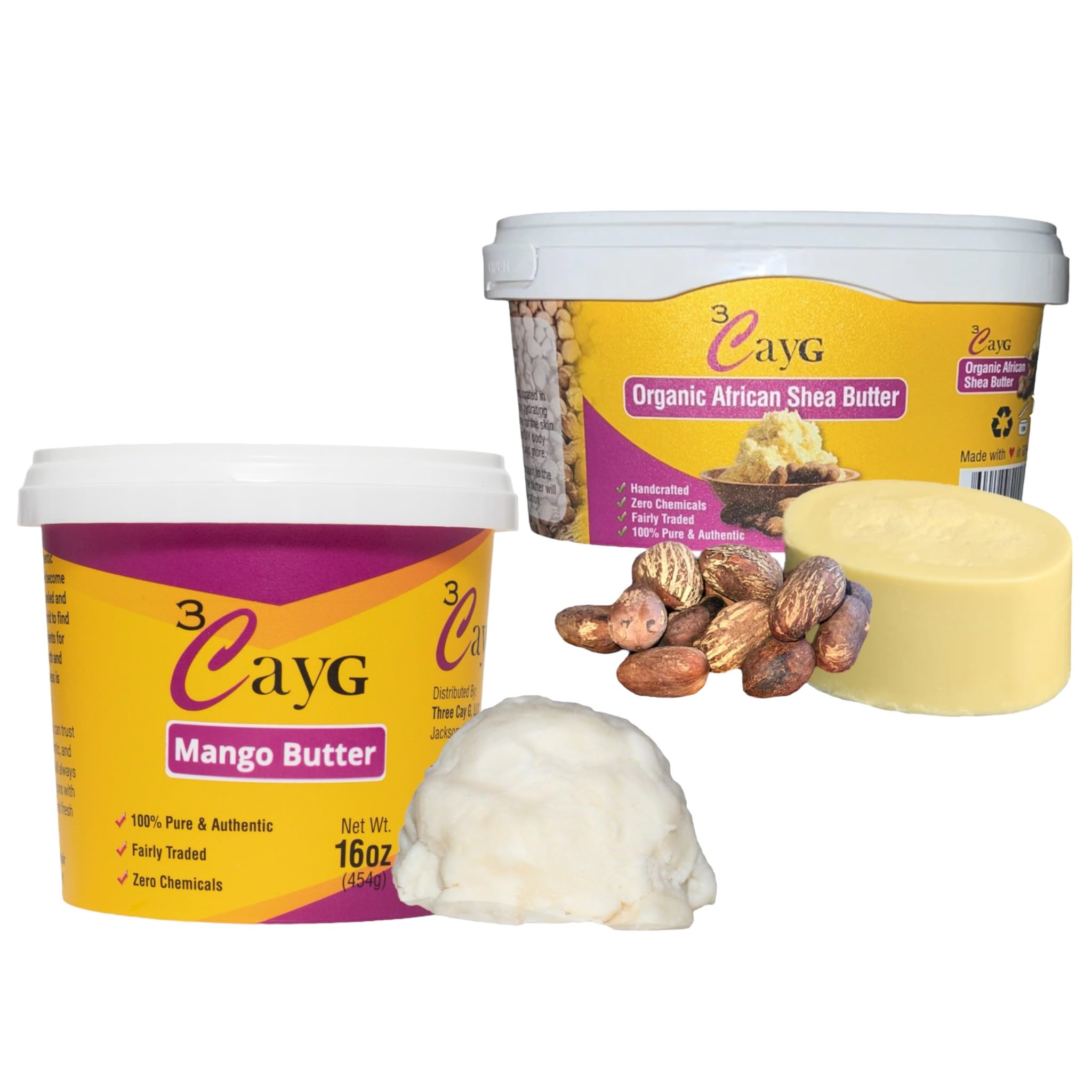 3CayG 1lb Mango Butter & 1lb Shea Butter Bundle - Natural DIY Skincare for Body Butters, Lotions, Lip Balms & Hair Care - Moisturizing & Nourishing for Dry Skin