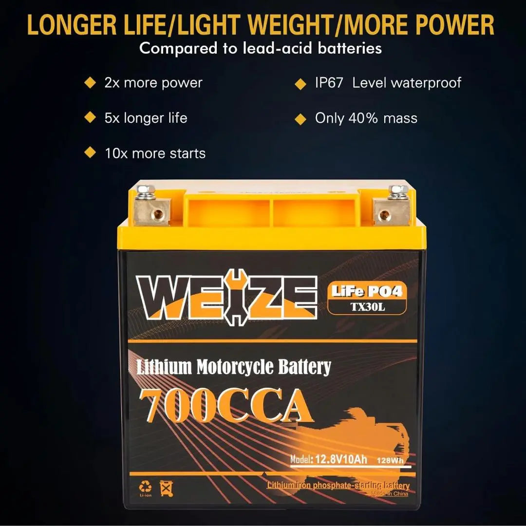 WEIZE 12V 10AH 700CCA LiFePO4 Lithium Motorcycle Battery - Lightweight & Long-Lasting Power for Harley, Honda, Yamaha & More - Perfect for Cruisers, Touring Bikes & Off-Road Adventures