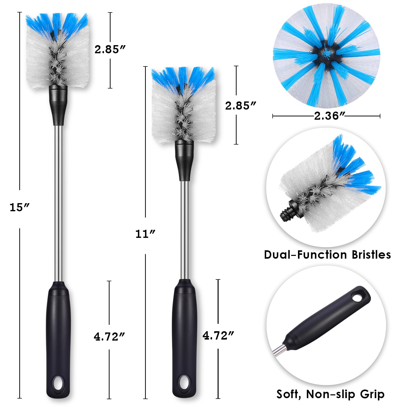 Stainless Steel Water Bottle Brush 2 Pack - Long Handle Cleaning Brush with Removable Head for Sports Bottles, Baby Bottles, Cups & Jars - Durable 13