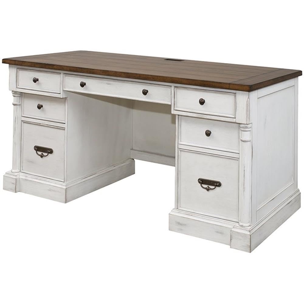 Home Square 2-Piece Computer Desk with Hutch Set in Weathered White - Perfect for Home Office, Study Room & Small Spaces