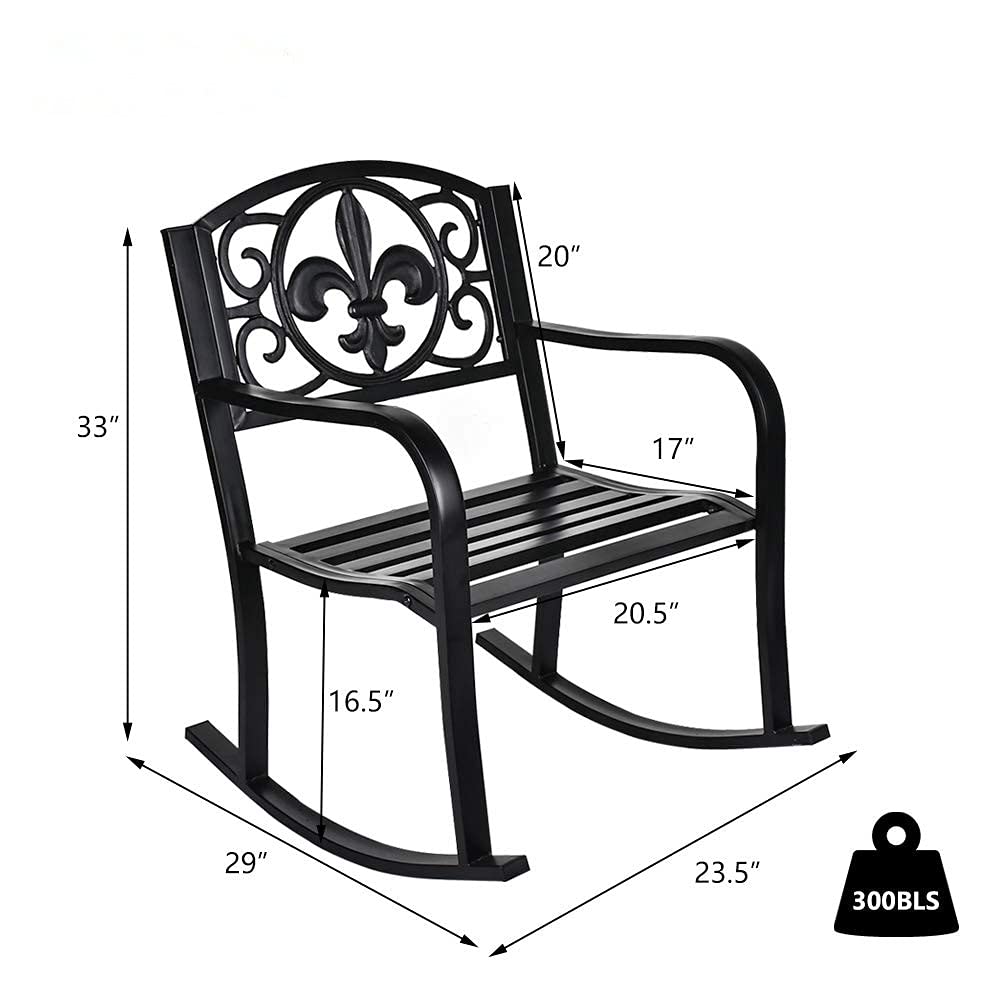 Grepatio Outdoor Patio Rocking Chair - Heavy Duty Wrought Iron Metal Rocking Seat with Elegant Scroll Design for Deck, Backyard, Garden or Porch - Weather Resistant & Comfortable (Black) | Perfect for Relaxing, Reading & Enjoying Nature