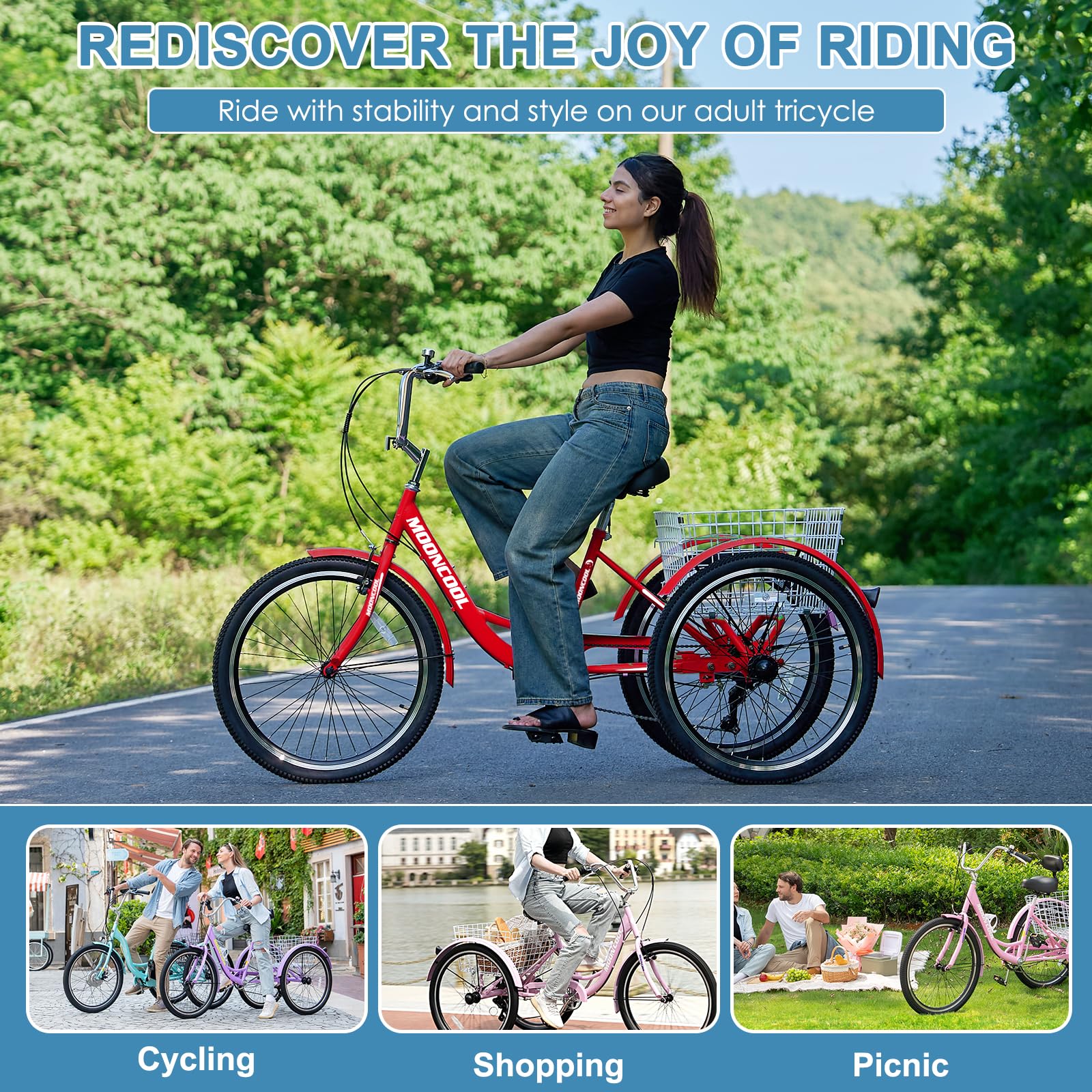 **DoCred Adult Tricycles - 7-Speed 3-Wheel Bikes for Seniors, Women & Men (20/24/26 Inch) with Shopping Basket - Comfortable & Stable Cruiser Trike for Grocery Shopping, Leisure Rides & Outdoor Exercise**