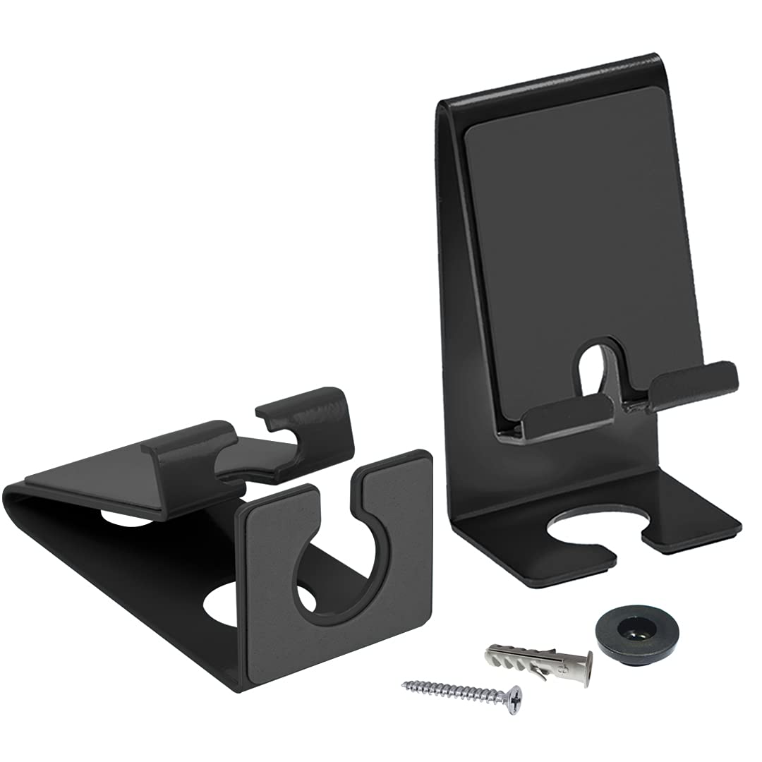 Acrimet Heavy Duty Metal Phone Stand - Adjustable Desk & Wall Mount Holder with Charging Dock for iPhone, Samsung & All Smartphones (Black) - Perfect for Home, Office & Travel Use