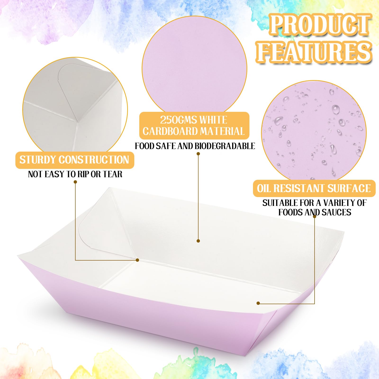 Lallisa 120 Pcs 3Lb Colorful Disposable Paper Food Trays - Grease Resistant Nacho, Hot Dog & Ice Cream Serving Boats - Pastel Party Supplies for BBQ, Picnic, Summer Snacks & French Fries (Ideal for Outdoor Events, Birthday Parties & Food Truck Service)