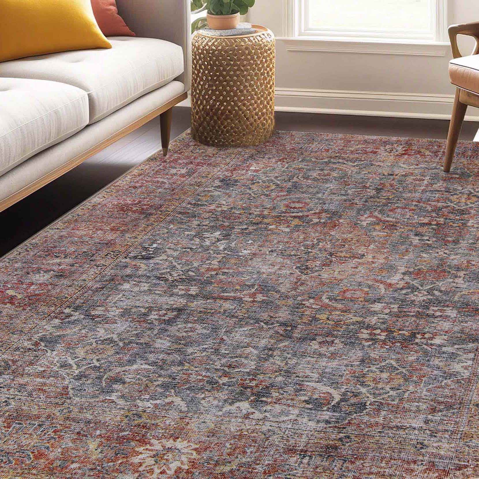 Distressed Rustic Oriental Medallion Indoor Area Rug - Vintage Boho Home Decor for Living Room, Bedroom & Entryway