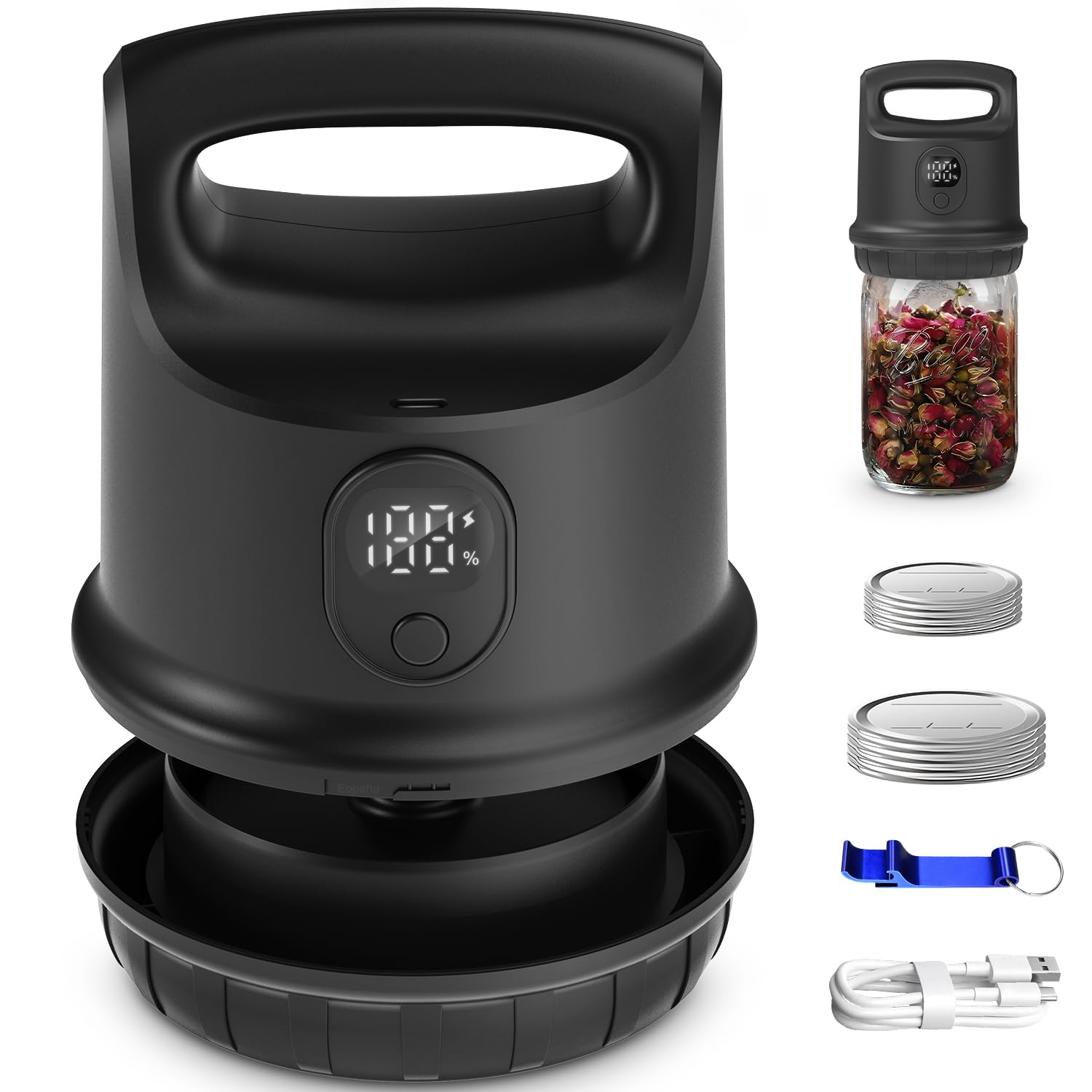 Automatic Mason Jar Vacuum Sealer - Smart Electric Food Preservation System for Wide & Regular Mouth Canning Jars | White & Black Options | Perfect for Meal Prep, Sous Vide, Dry Storage & Long-Term Food Preservation