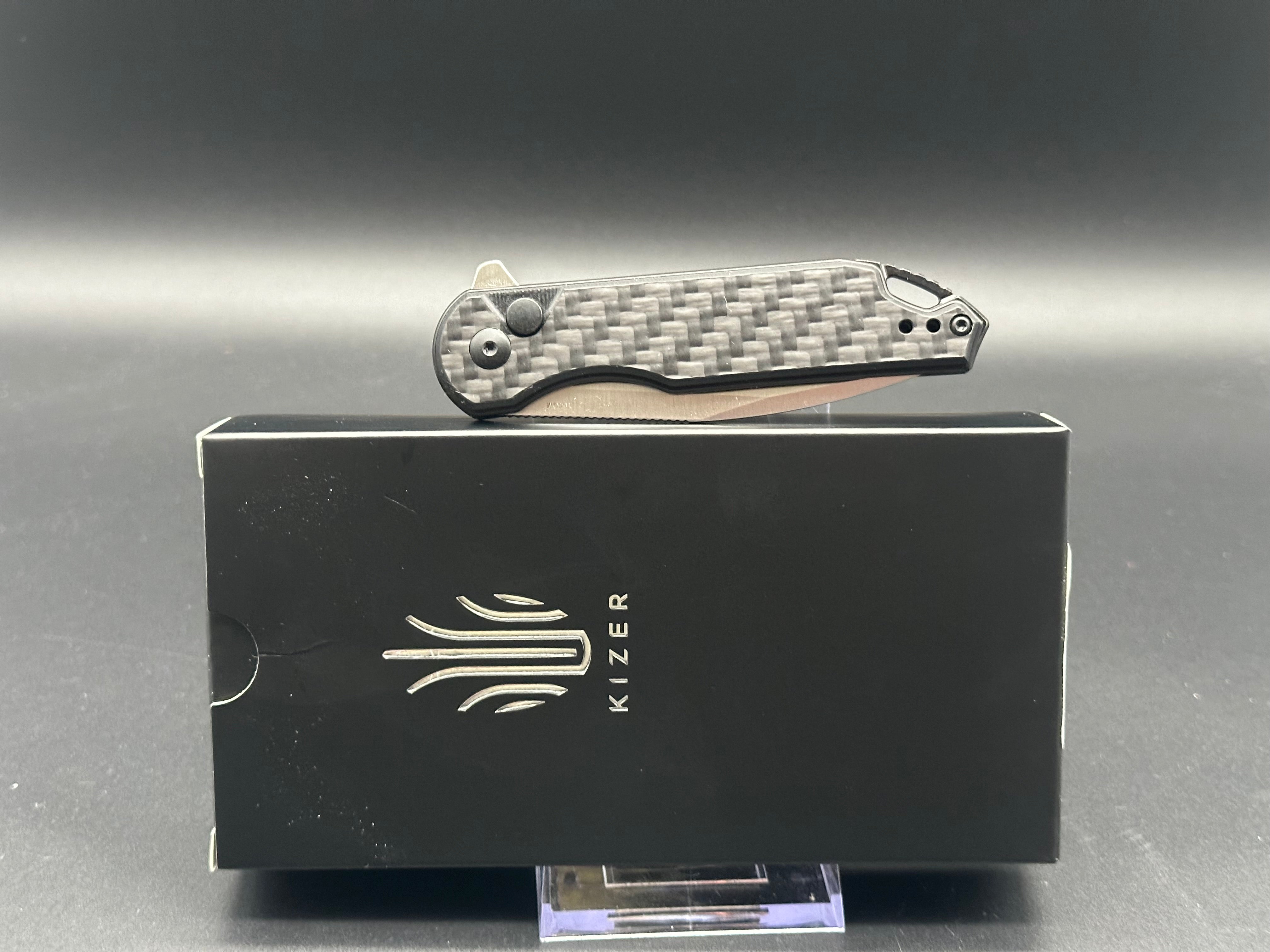 KIZER ASSASSIN Folding Pocket Knife - Black Carbon Fiber/G10 Handle with 154CM Steel Blade - EDC, Outdoor, Camping & Survival Tool
