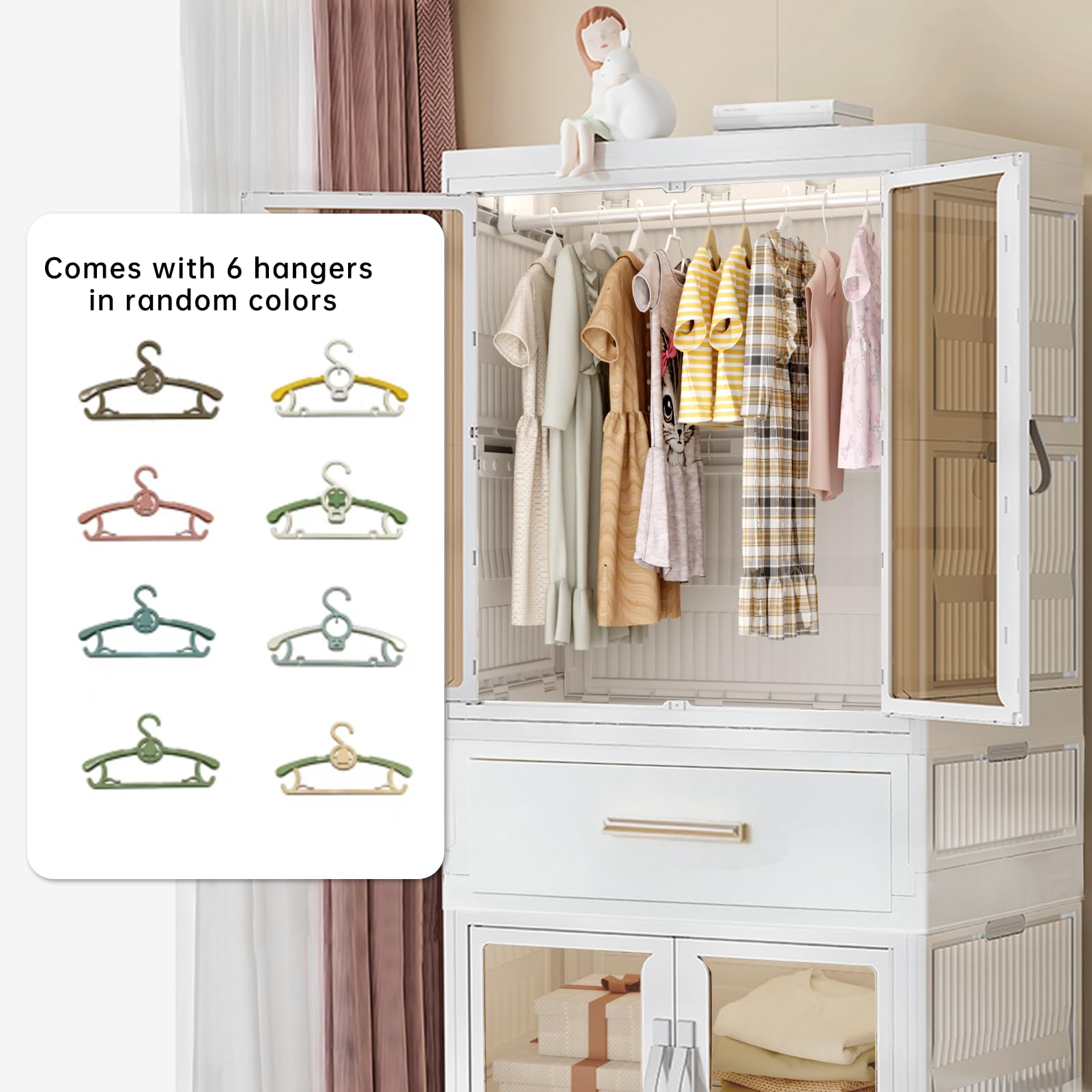 Portable Kids Closet with Drawers & Doors - Large Collapsible Wardrobe for Children & Adults, Baby Clothes Storage Organizer, Dress Up Cabinet with Hanging Rod | Perfect for Nursery, Bedroom, Playroom & Costume Storage