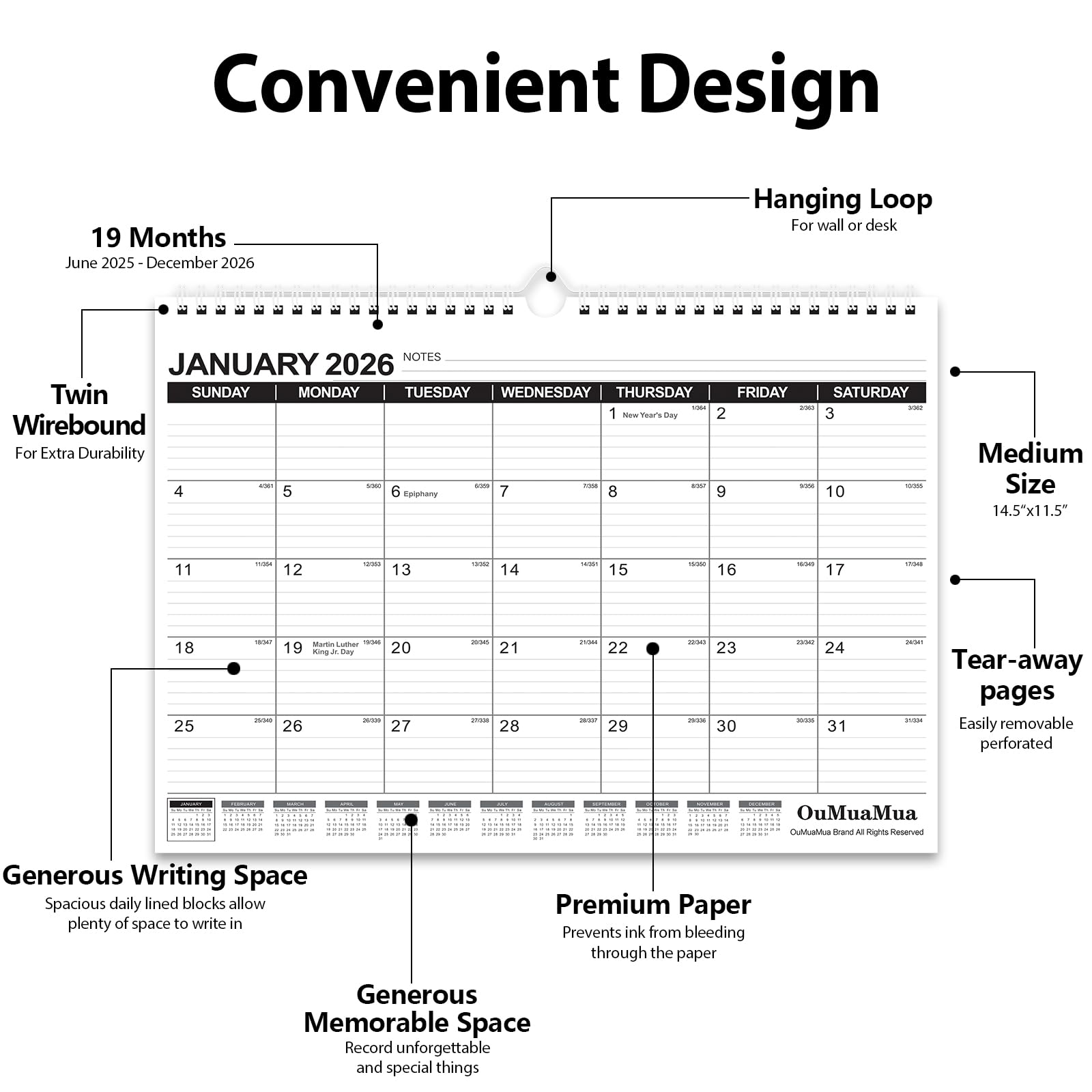 OuMuaMua 2025-2026 Wall Calendar | 19-Month Hanging Planner (June 2025 - December 2026) | 14