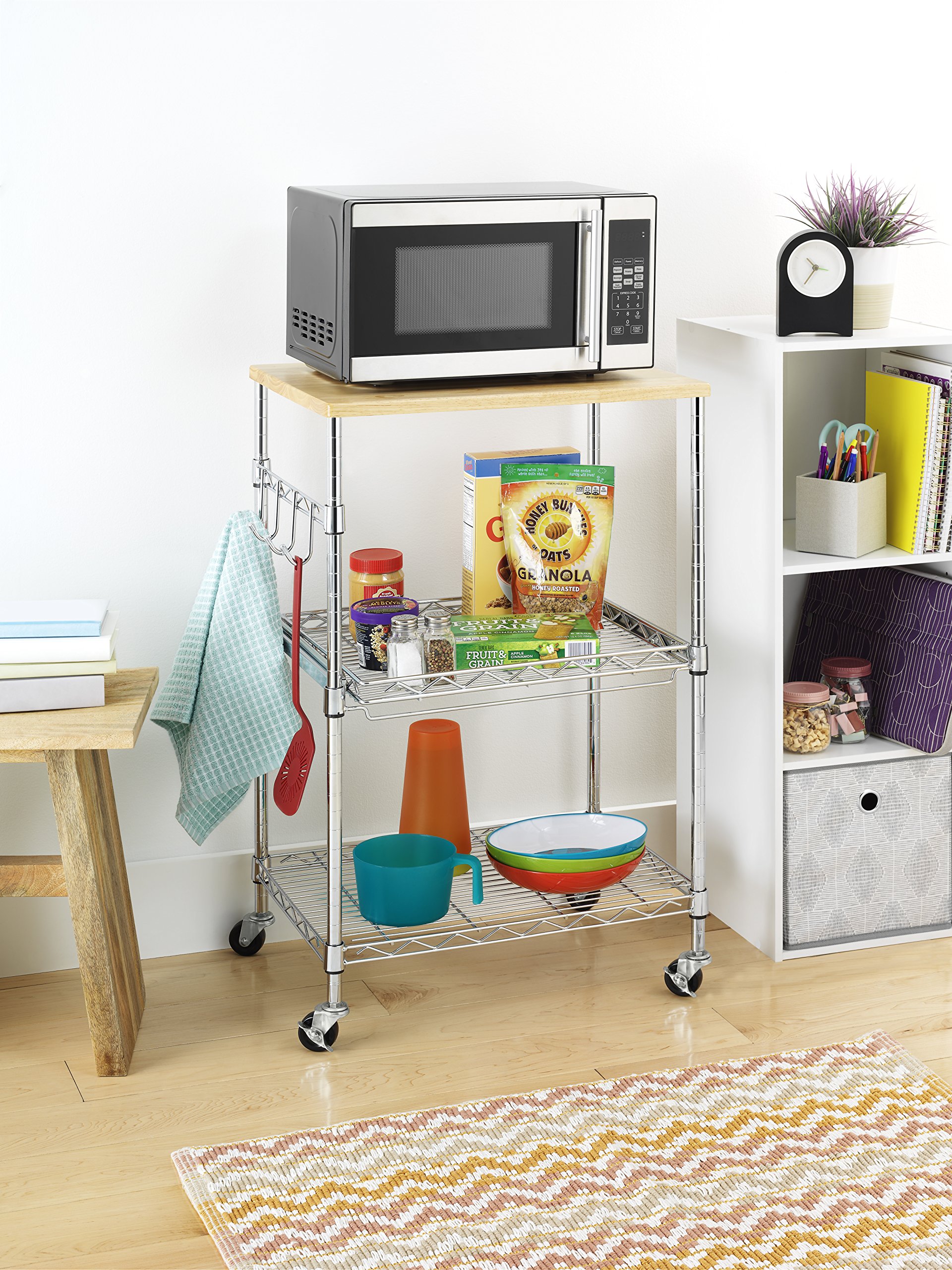 Whitmor Supreme Microwave Cart with Locking Wheels - Chrome Finish with Food Safe Cutting Board 16