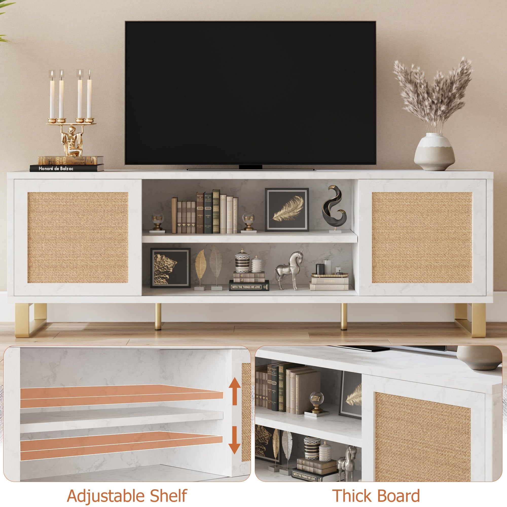 Modern White Rattan TV Stand 66 Inch - Entertainment Center with Storage Doors & Shelves, Media Cabinet for Living Room & Bedroom - Perfect for Organizing TVs, Gaming Consoles & Home Decor