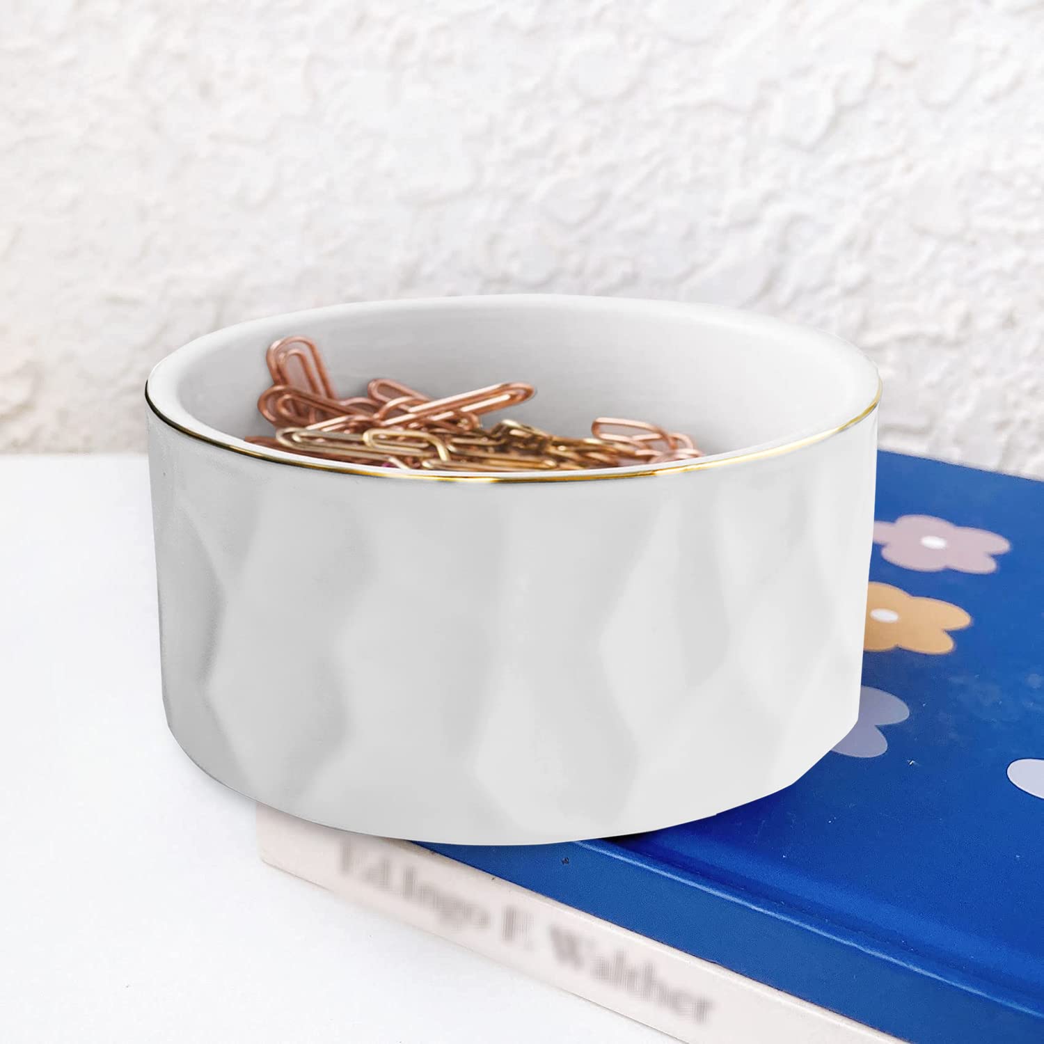 Ceramic Paper Clip Holder - Cute Gold Line Desk Organizer for Paperclips, Binder Clips & Bobby Pins | Office Gift & Hair Accessory Storage | Perfect for Home, Office & School Use