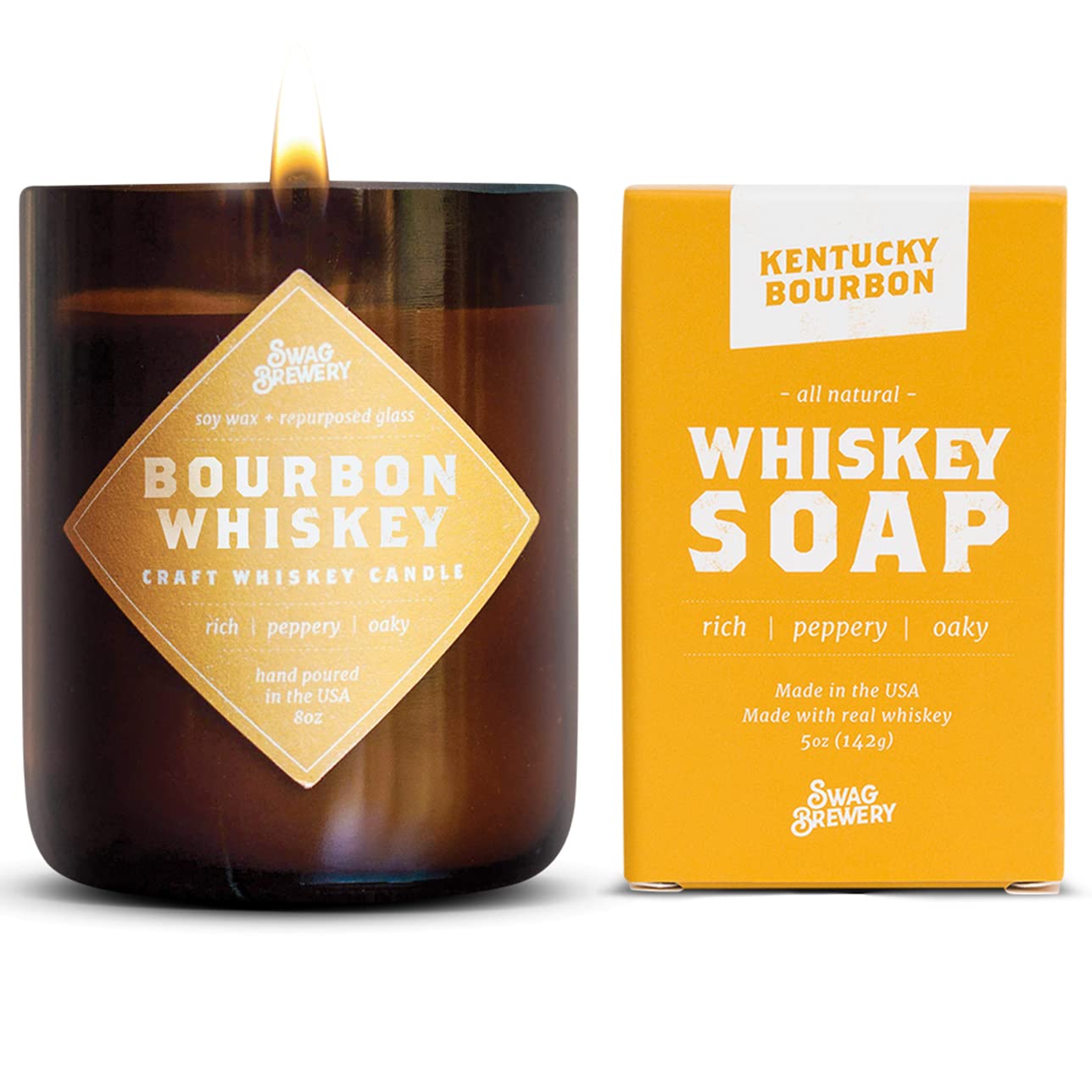 Premium Bourbon Whiskey Scented Candle & Soap Set - Handcrafted in USA - Home Decor, Relaxation Gift for Men & Women - Perfect for Romantic Dinners, Spa Nights & Cozy Evenings