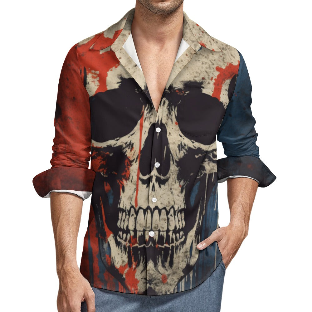 Gritty Skull Print Casual One Pocket Long Sleeve T-Shirt for Men - Gothic Streetwear, Punk Rock Fashion, Halloween Outfit & Everyday Wear