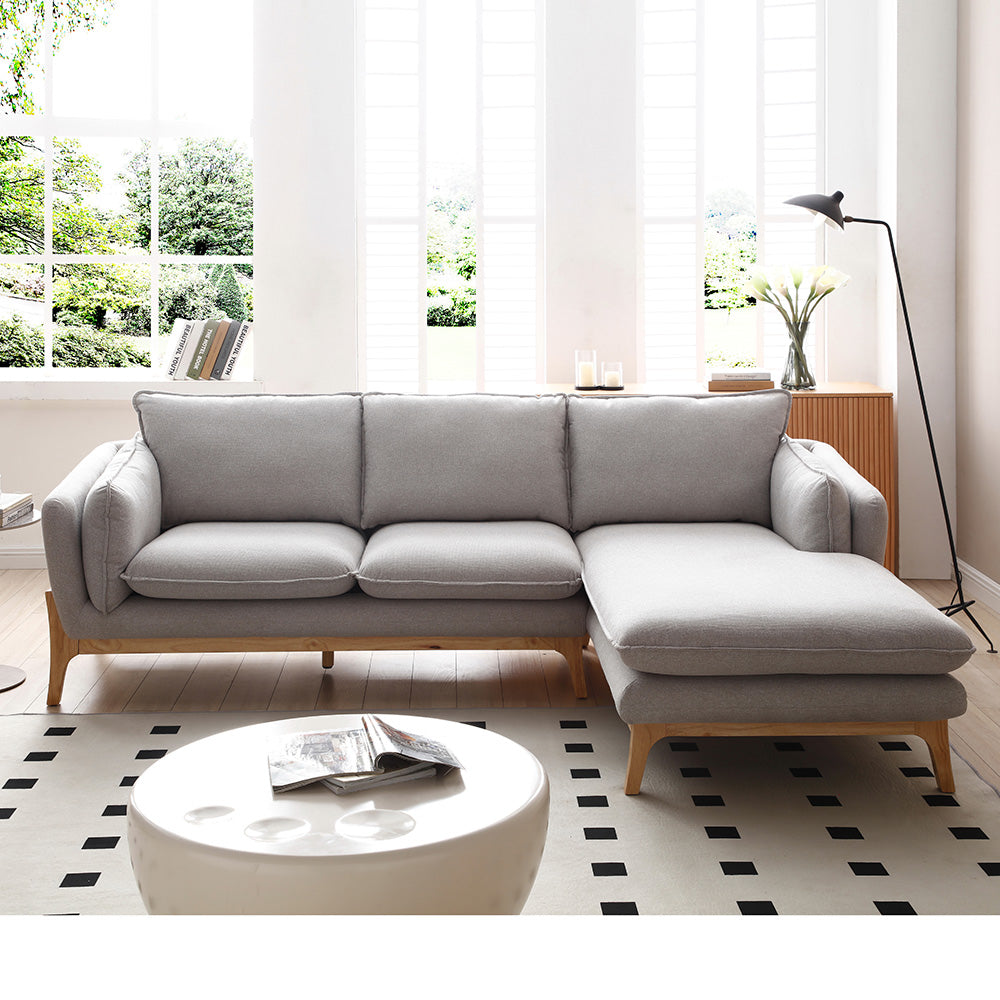 BRONTE 3-Seater Sofa with Right Chaise in Light Grey & Oak - Modern Living Room Furniture for Small Spaces & Apartments