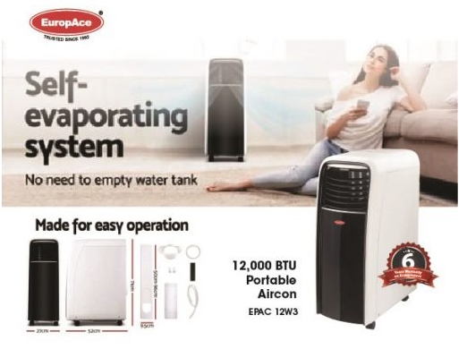 EuropAce EPAC 12W3 Portable Air Conditioner - 12,000 BTU, Quiet & Energy Efficient Cooling for Home, Office, Bedroom, RV & Small Spaces