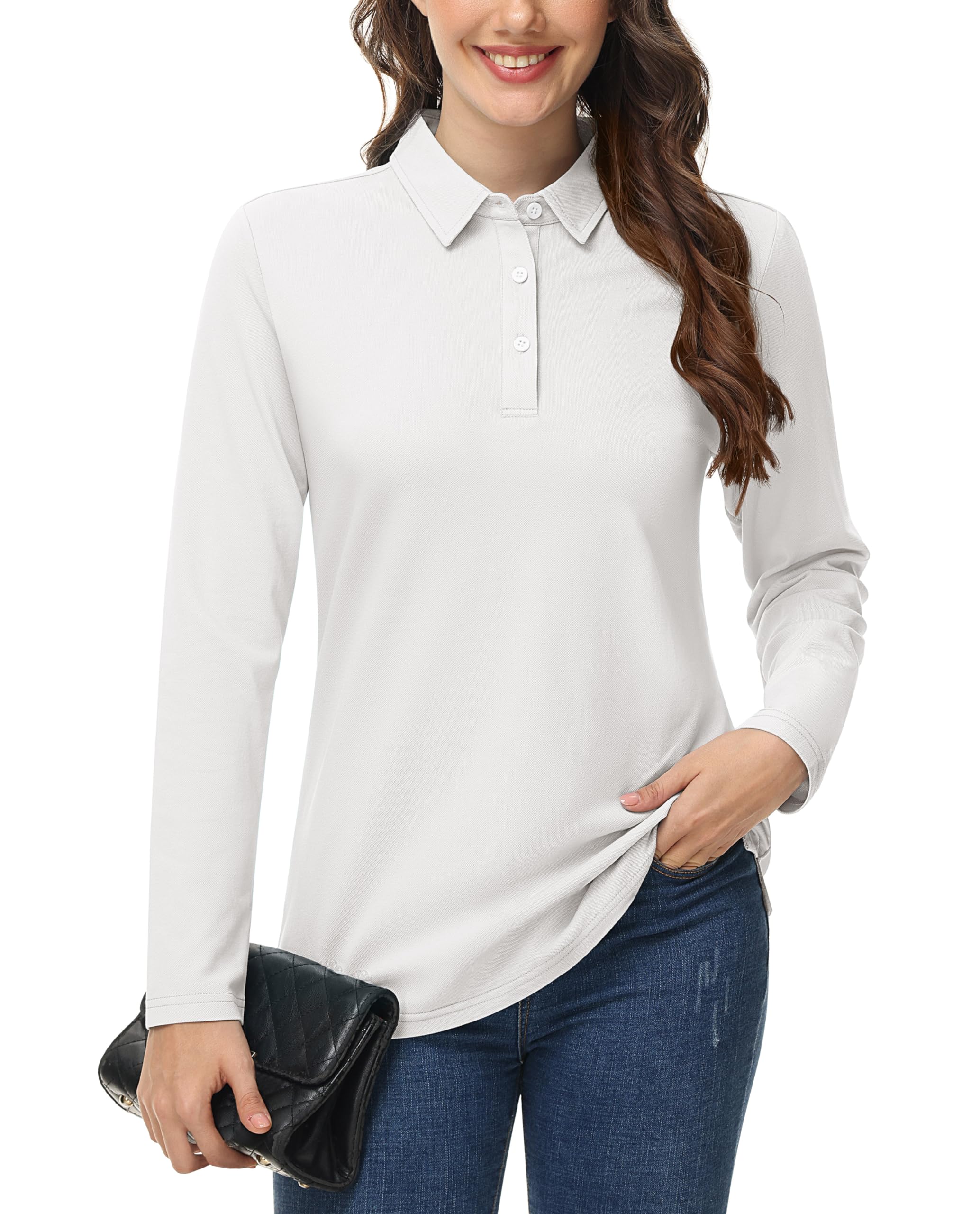 MAGCOMSEN Women's Long Sleeve Polo Shirts - 100% Cotton 3-Button Business Casual Shirt with Moisture Wicking Technology | Perfect for Office Wear, Golf Outfits & Everyday Comfort