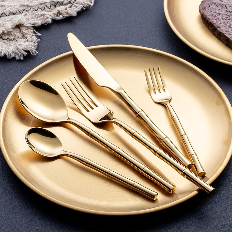 Premium 30-Piece Gold Silverware Set for 6 - 18/8 Stainless Steel Gold Flatware Set with Spoons, Forks & Knives - Elegant Gold Bamboo Cutlery for Home & Kitchen - Dishwasher Safe - Perfect for Dinner Parties, Weddings & Luxury Dining