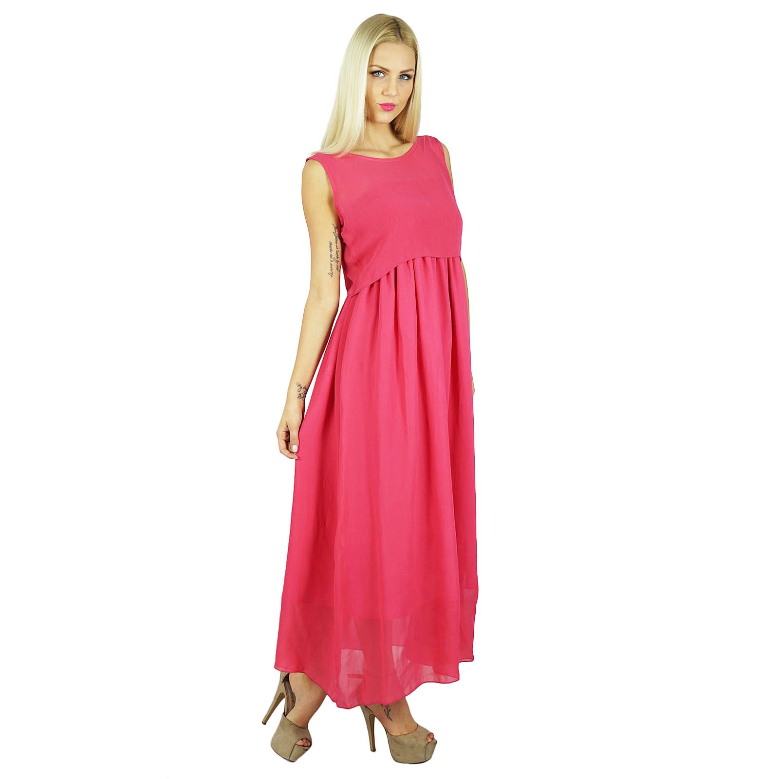Bimba Women's Long Maxi Dress 2 Piece Set - Flowy Georgette Smocked Gown with Ruffle Sleeves - Perfect for Beach Vacation, Summer Party & Boho Wedding