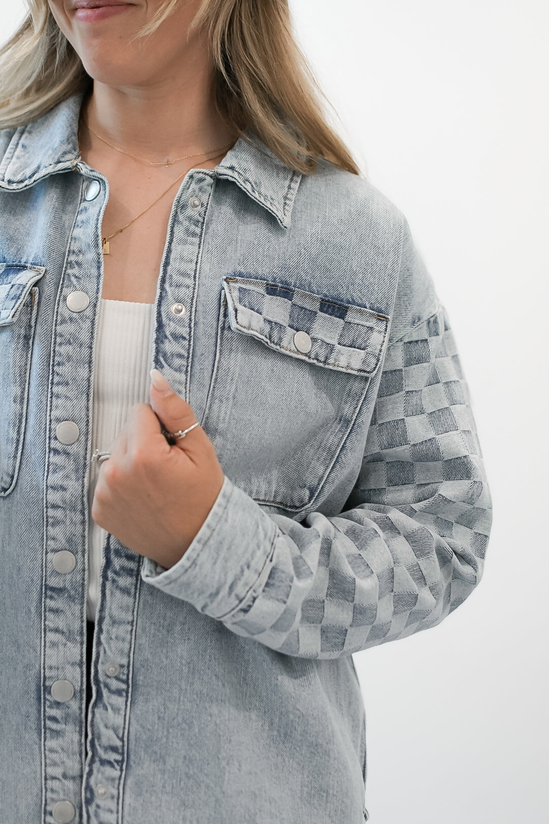 Men's Light Wash Checkered Denim Shacket - Casual Overshirt for Fall & Winter | Streetwear, Layering, Outdoor Activities