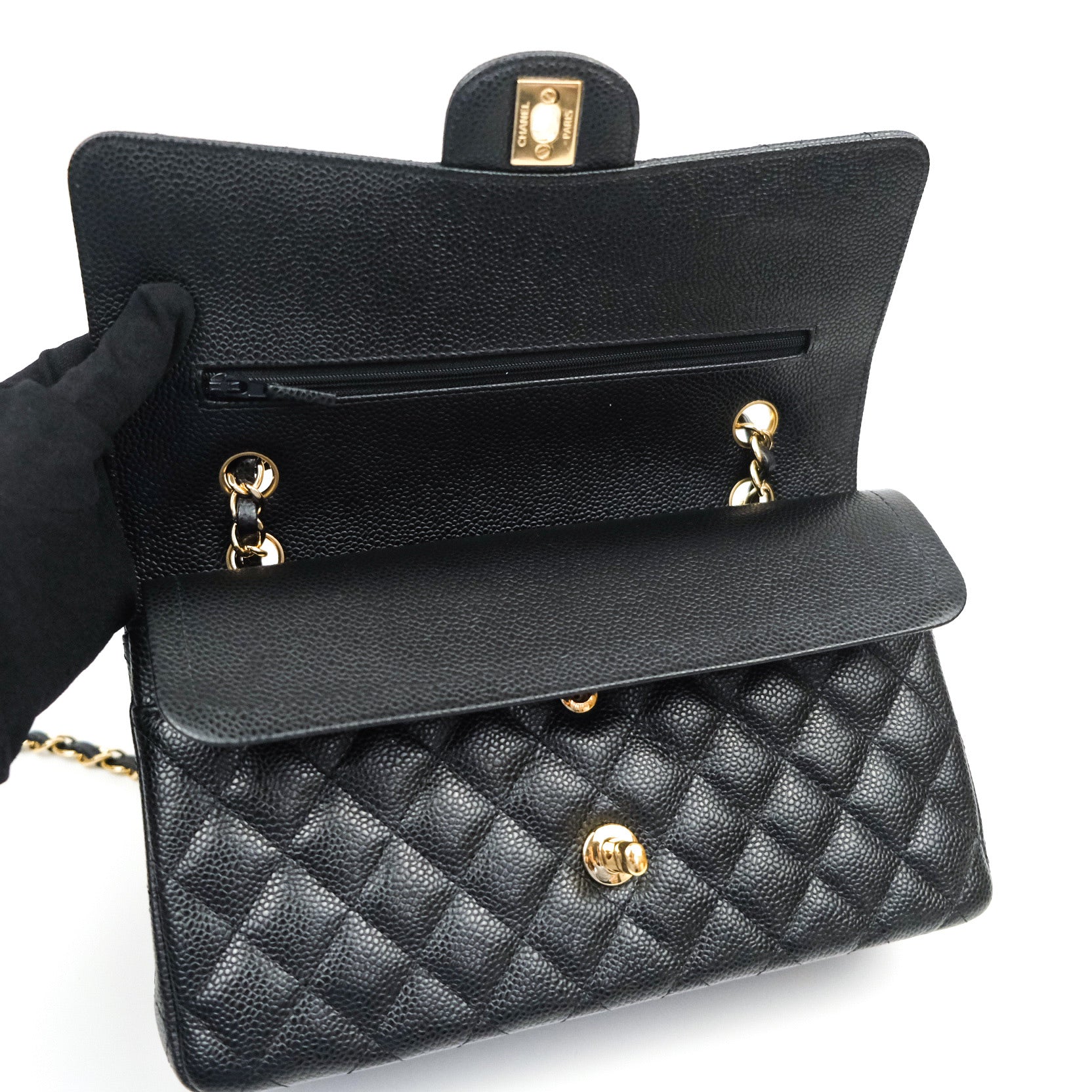 Chanel Classic Medium Double Flap Bag Black Caviar Leather with Gold Hardware - Luxury Designer Handbag for Women, Perfect for Work, Evening & Special Occasions