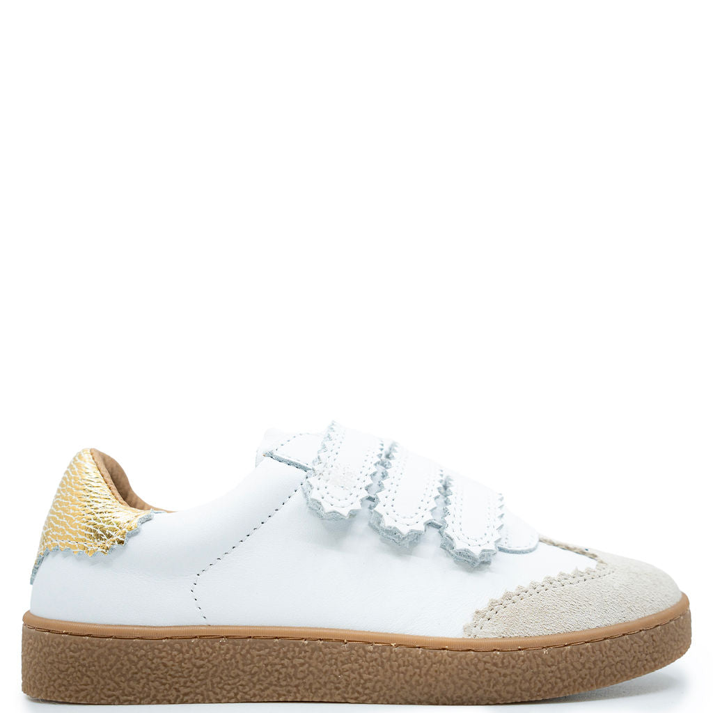 White and Gold Scalloped Velcro Sneakers for Women - Comfortable Casual Walking Shoes - Perfect for School, Work, and Everyday Wear