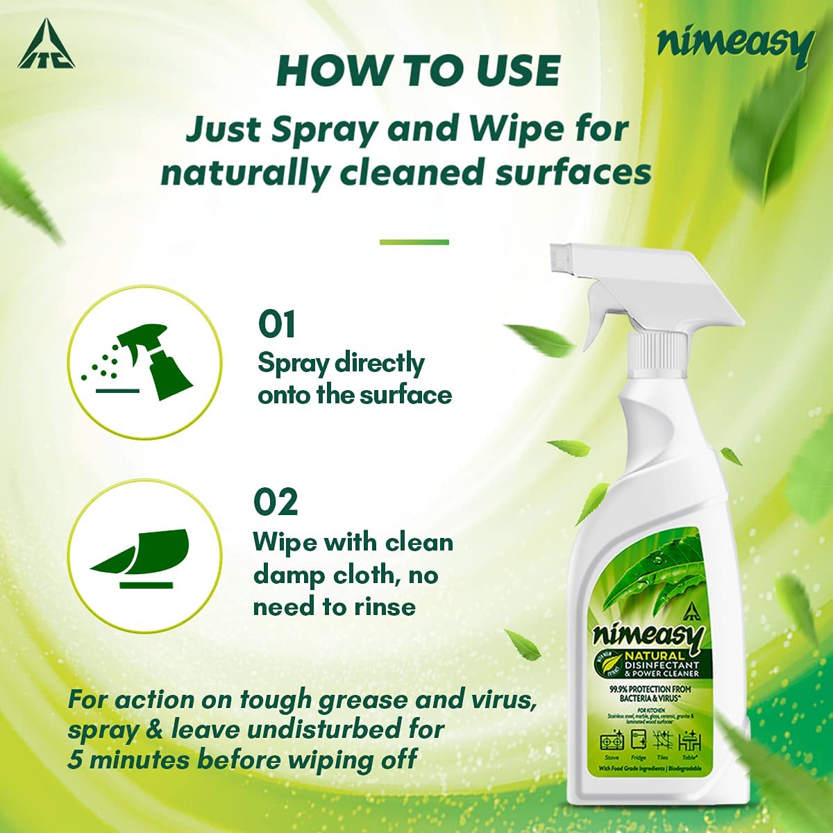 Nimeasy Natural Disinfectant & Power Cleaner Spray - 450ml Kitchen & Utensil Cleaner with 99.9% Germ Protection | Safe for Food Surfaces, Countertops, Cutting Boards | Eco-Friendly Cleaning Solution for Home & Restaurant Use
