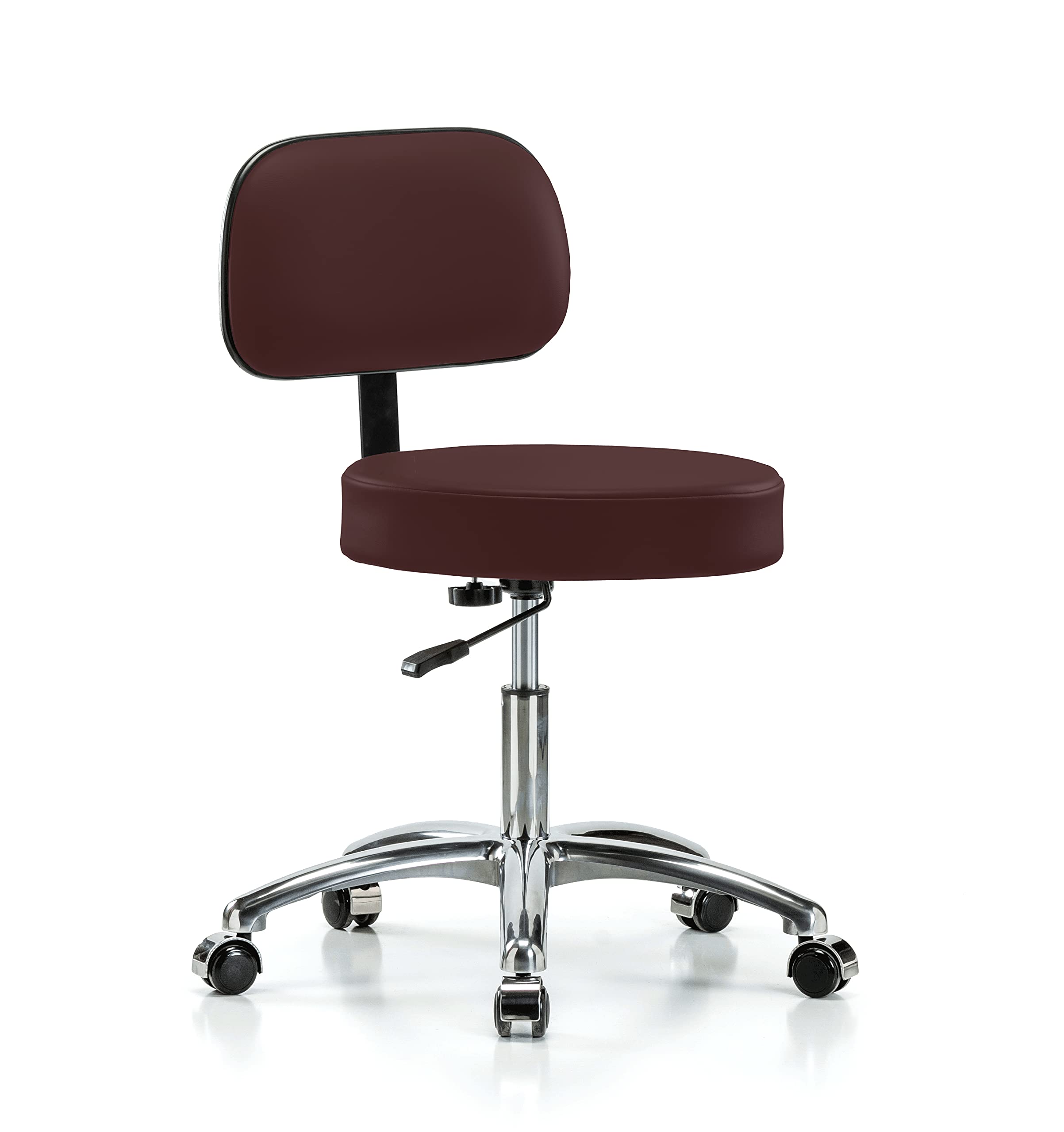 PERCH Chrome Walter Rolling Height Adjustable Exam Stool with Back - 300lb Weight Capacity for Office, Clinic & Salon - Burgundy Vinyl Upholstery - Perfect for Carpet & Linoleum Floors - Ideal for Medical Exams, Dental Work & Beauty Stations