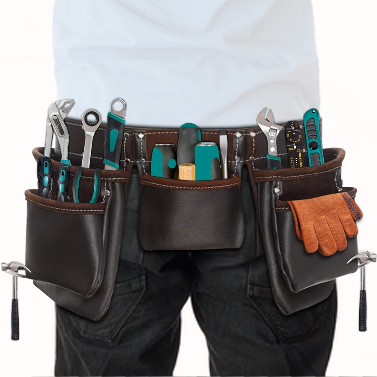 Durable Leather Tool Belt with 12 Pockets - Heavy Duty Work Organizer for Carpenters, Construction Workers, Handymen & Electricians - Perfect for Framing, Renovation & DIY Projects