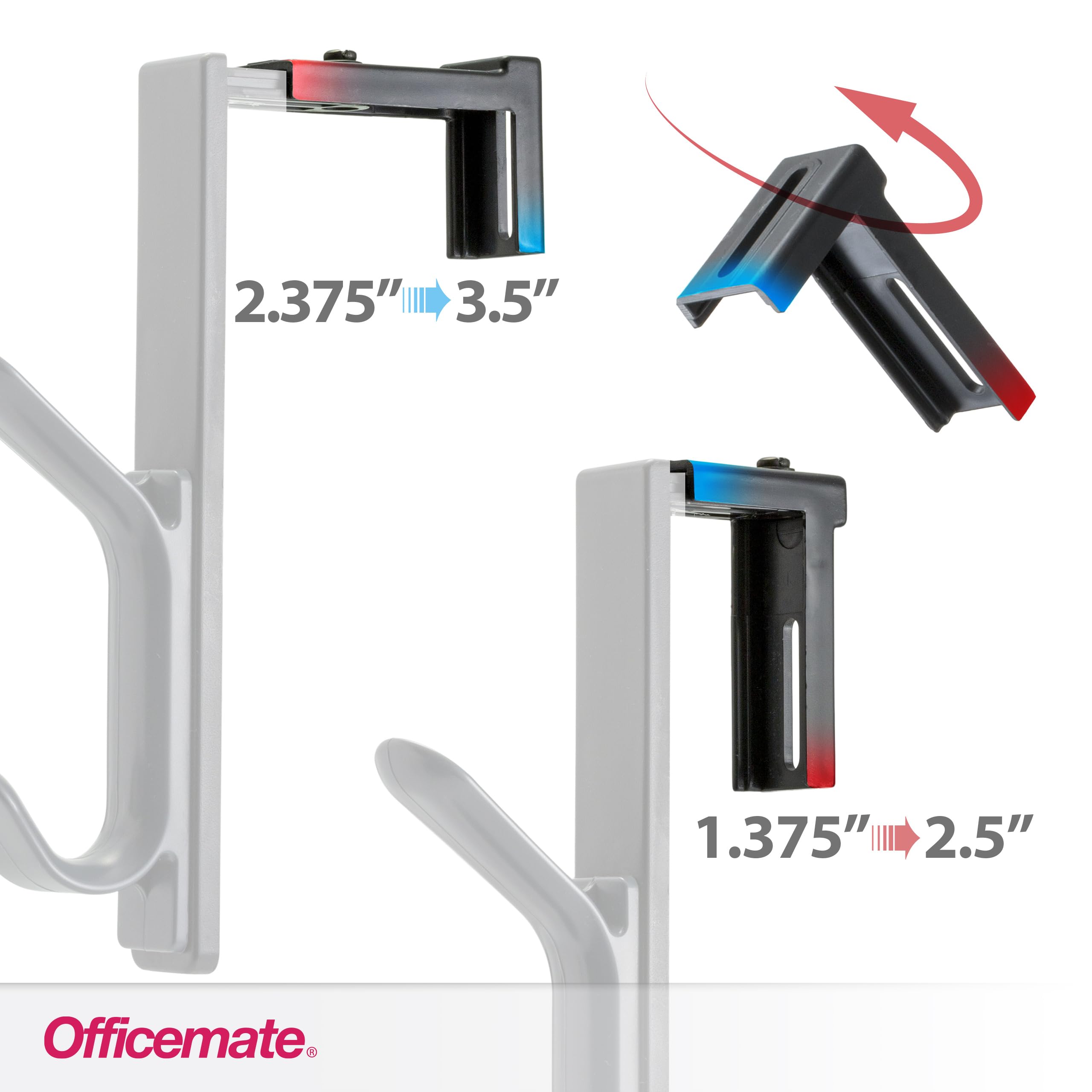 Officemate Double Coat Hooks for Cubicle Panels - Adjustable 1.25-3.5 Inch Hanging Hooks - Charcoal (22005) - Perfect for Office, Home, or Dorm Organization