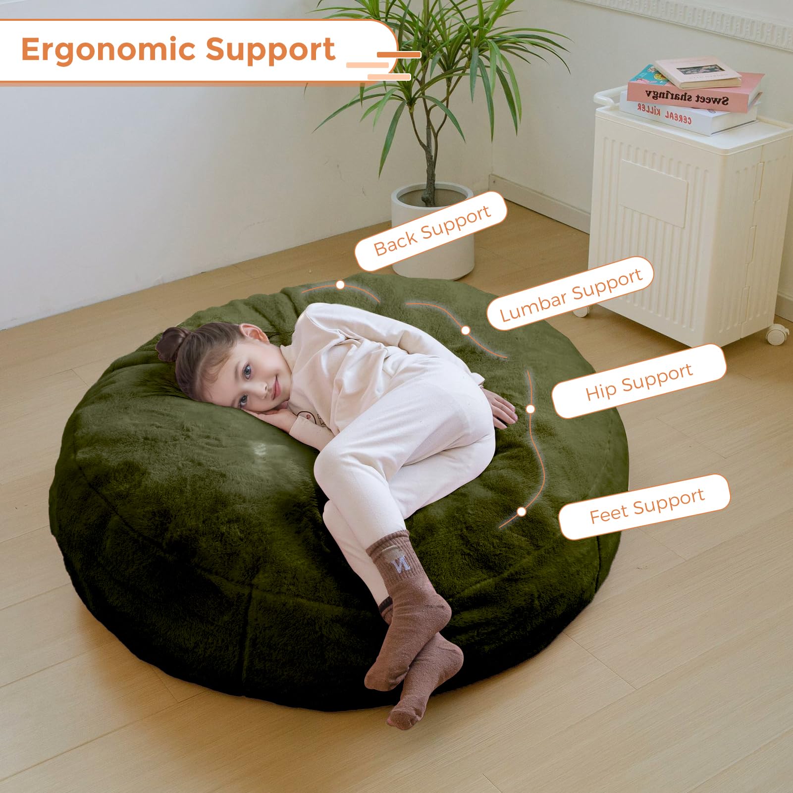 MAXYOYO 3-in-1 Kids Bean Bag Chair Bed - Convertible Faux Fur Round Floor Sofa for Children, Gaming & Reading - Soft Green - Perfect for Playroom, Bedroom & Dorm Decor