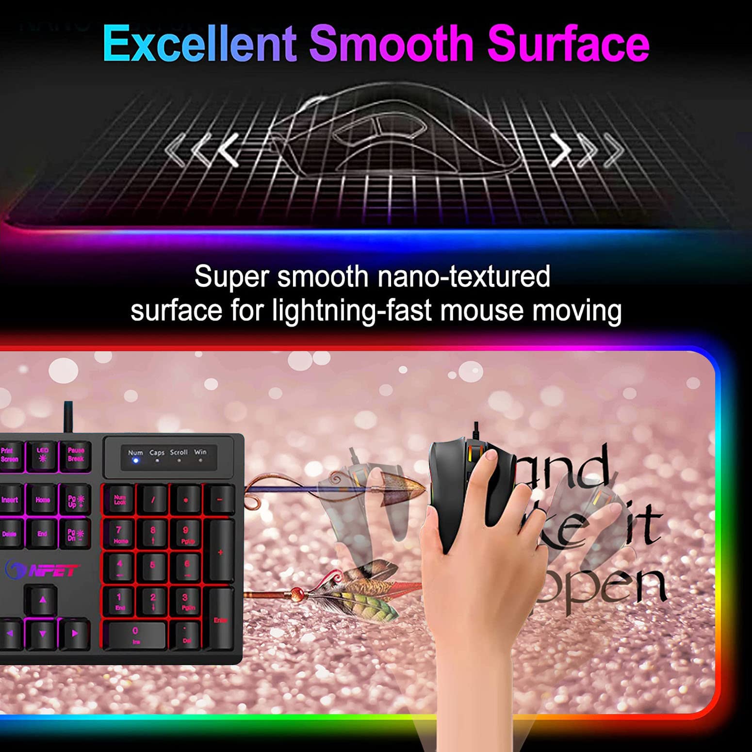 RGB Gaming Mouse Pad - Large LED Light-Up Desk Mat with Non-Slip Base, Pink Motivational Design - Perfect for PC Gaming, Office Work & Streaming Setup (Stay Positive Work Hard Theme)