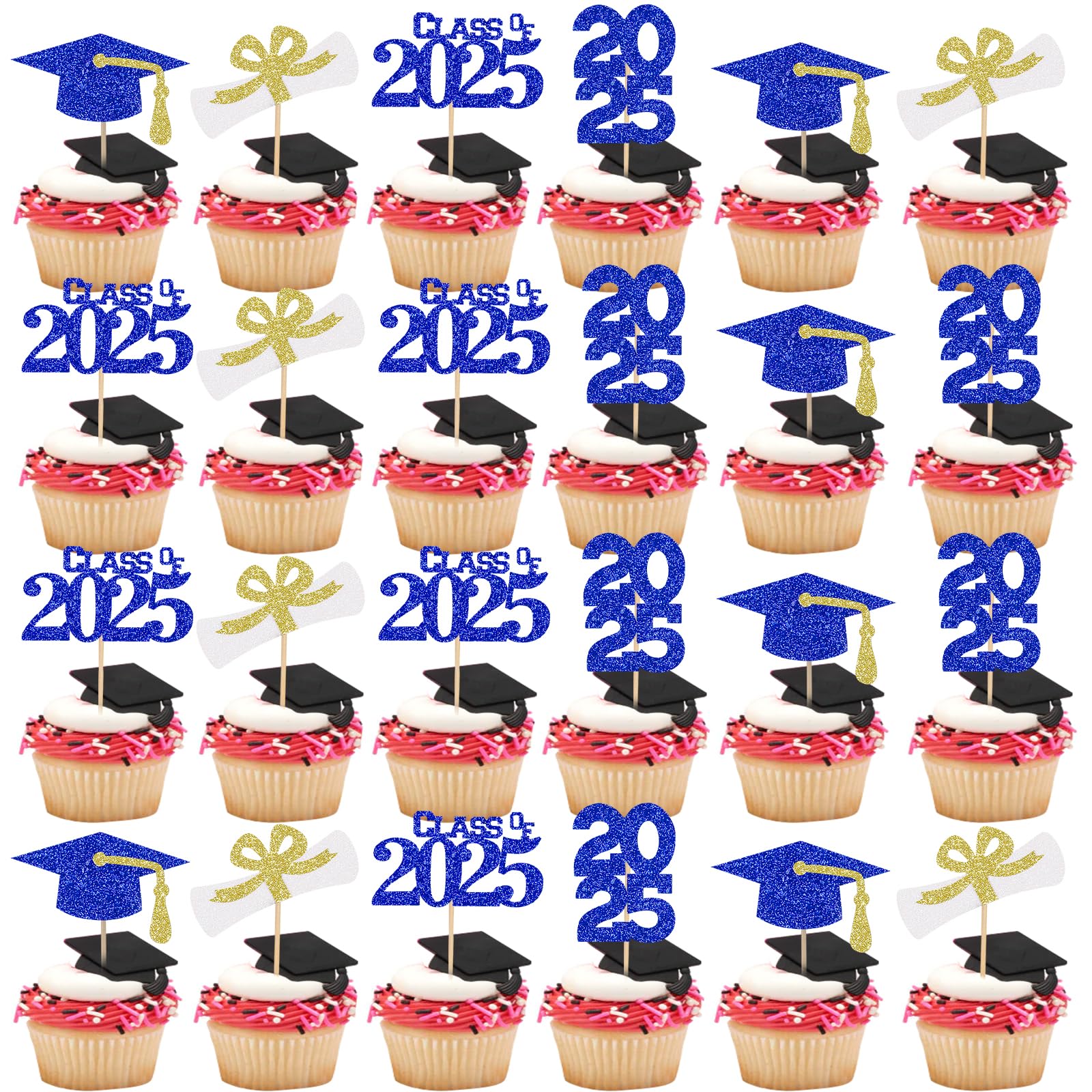 32Pcs Graduation Cupcake Toppers 2025 - Blue and Gold Class of 2025 Cake Decorations, Graduation Party Supplies for High School & College Celebrations - Perfect for Graduation Cakes, Cupcakes and Dessert Tables