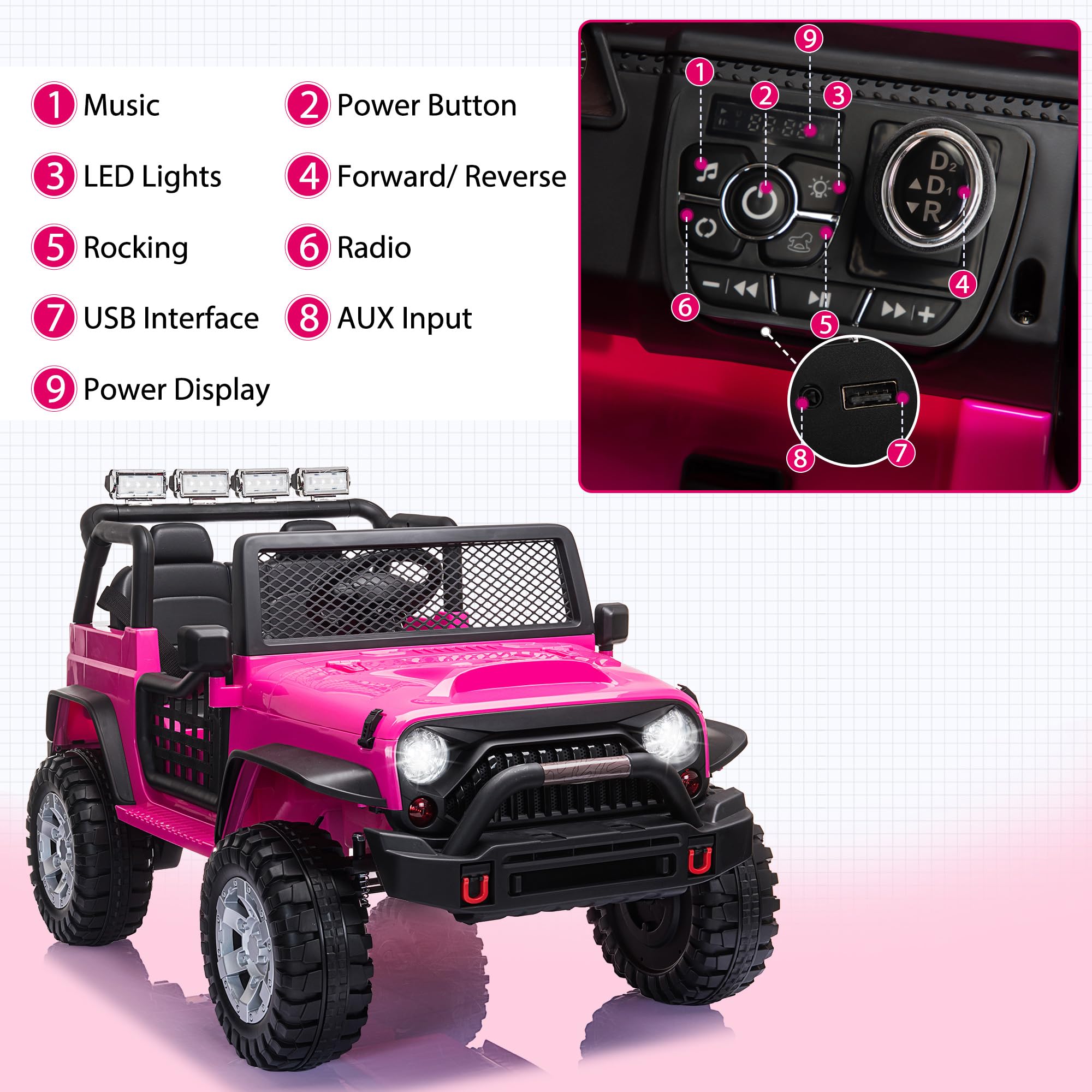 TOBBI 12V Kids Electric Ride On Car with Parent Remote Control - Pink Jeep Toy Vehicle with LED Lights, MP3 Music Player & Horn - Perfect for Indoor & Outdoor Play, Birthday Gifts for Boys & Girls Ages 3-8