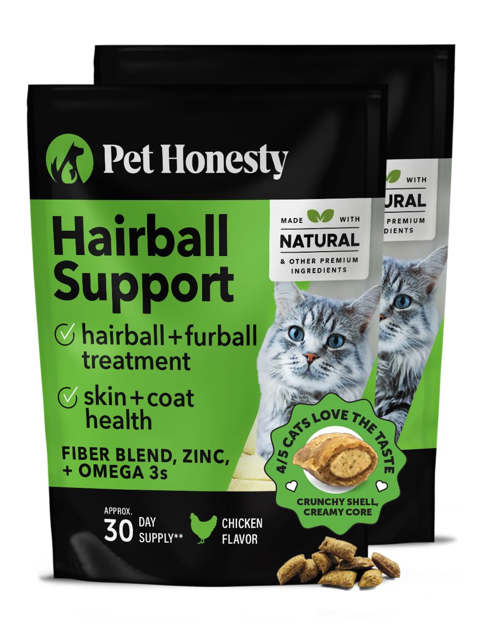Pet Honesty Cat Hairball Support Chews - Natural Hairball Remedy for Cats with Chicken Flavor (2 Pack) | Supports Skin, Coat & Digestion | Ideal for Indoor Cats & Long-Haired Breeds