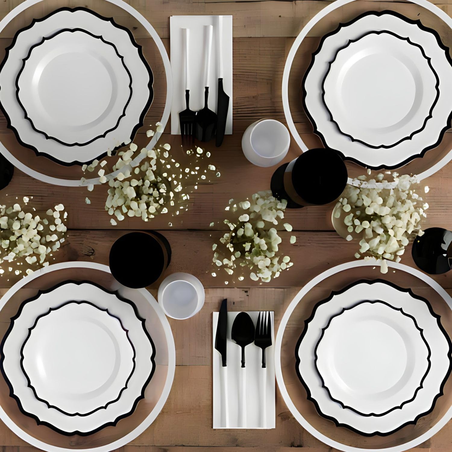 Modern Black Rim Clear Glass Plates Set of 32 (7.5