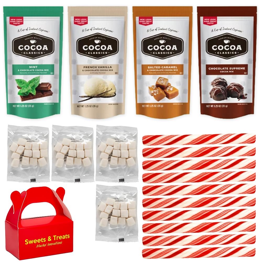 Premium Hot Chocolate Cocoa Gift Basket with Peppermint Stir Sticks, Mini Marshmallows & 4 Flavor Variety (Mint, Chocolate, Caramel, Vanilla) - Perfect for Holiday Gifts, Winter Warmth & Cozy Nights