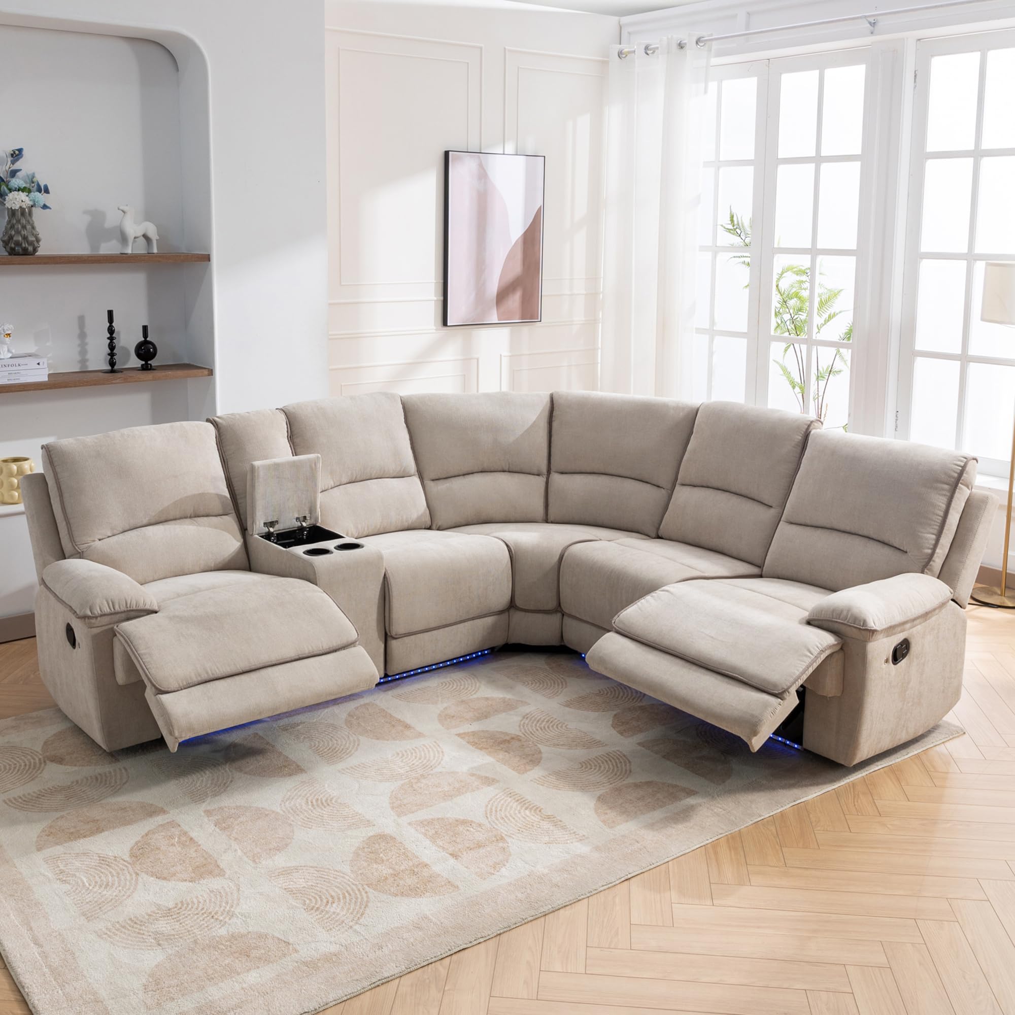 P PURLOVE Modern L-Shaped Reclining Sofa with USB Ports, Hidden Storage & LED Lights - Velvet Living Room Couch for Apartments, Bedrooms (Cream) | Perfect for Small Spaces, Movie Nights & Relaxing
