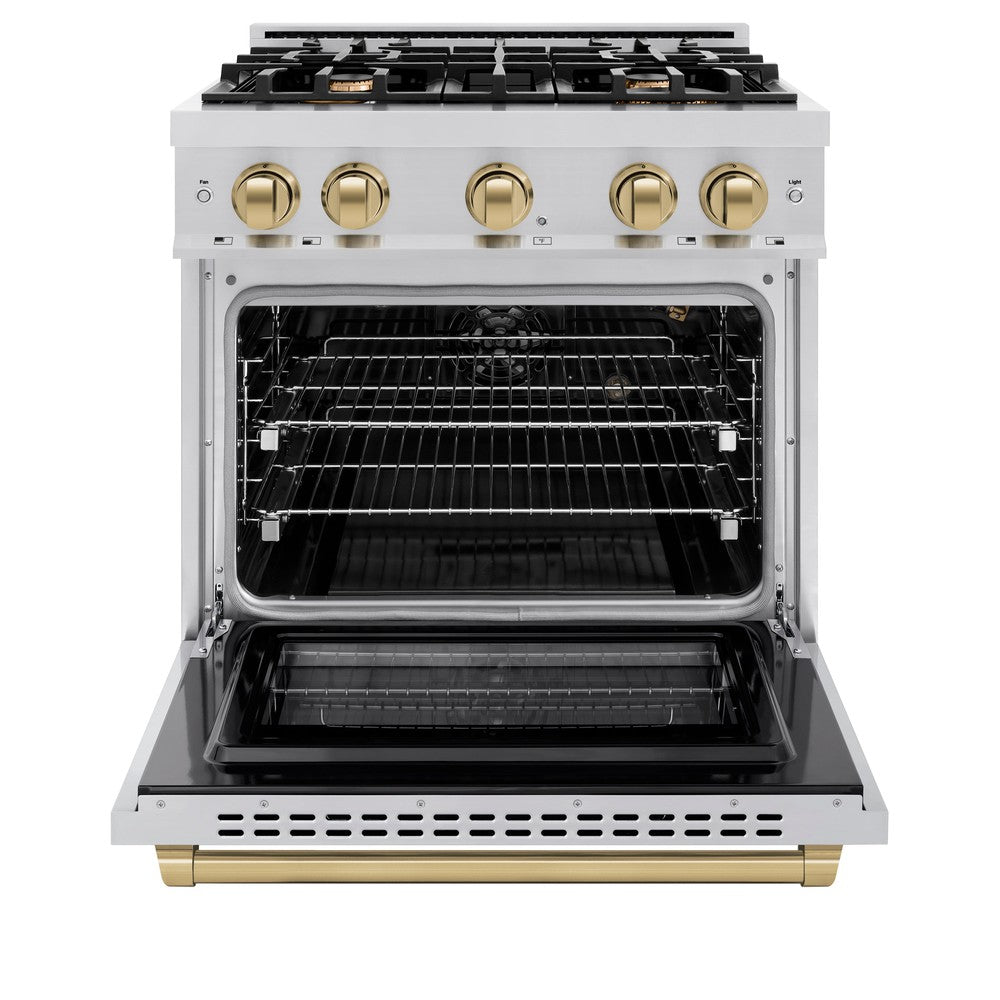 ZLINE Autograph Edition 30 Inch 4.2 Cu Ft Gas Range with 4 Burner Cooktop & Convection Oven - Stainless Steel with Champagne Bronze Accents (HGRZ 30 CB) - Perfect for Modern Kitchens & Professional Style Cooking