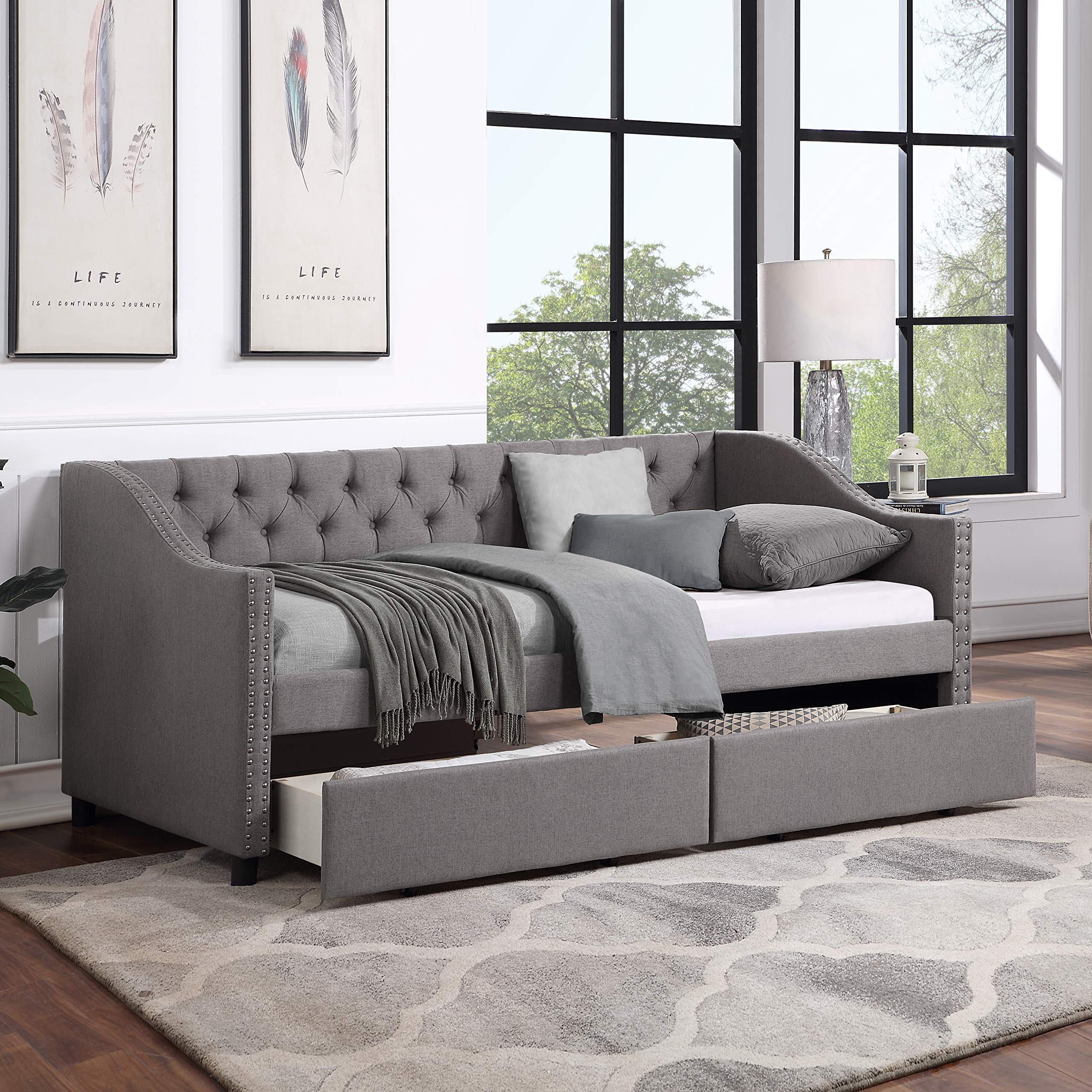 Gray Velvet Upholstered Daybed with 2 Drawers - Twin Size Sofa Bed with Wooden Slat Support for Living Room & Bedroom - Perfect for Guest Sleeping, Lounge Relaxation & Small Space Solutions