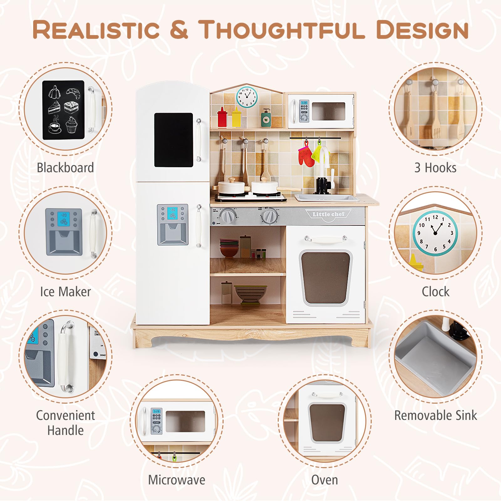 Costzon Wooden Kids Kitchen Playset with Light & Sound - Pretend Play Kitchen Toy for Toddlers Age 3+ | Includes Microwave, Oven, Sink, Ice Maker & Cooking Accessories | Perfect Gift for Boys & Girls - Great for Imaginative Play & Early Learning