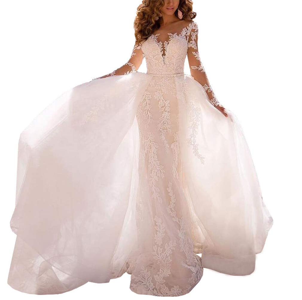 Elegant White Lace Mermaid Wedding Dress with Long Sleeves & Detachable Skirt - Applique Bridal Gown for Women | Perfect for Beach, Church, and Formal Wedding Ceremonies