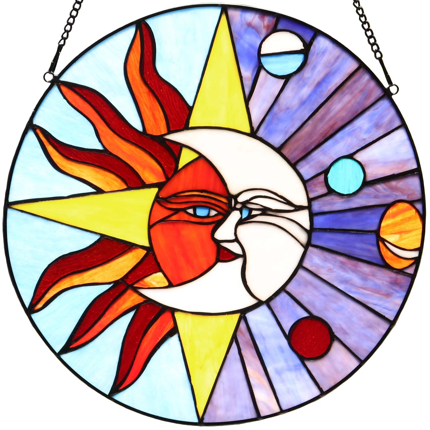 Bieye W10043 Tiffany Style Stained Glass Window Panel - Sun Moon Star & Solar System Planets Design, 16-inch Round Blue Decorative Art for Home, Church & Office Decor