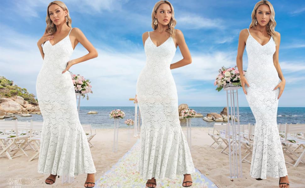Aigeman Women's Floral Lace Spaghetti Strap Mermaid Maxi Dress - Elegant Beach Wedding Guest, Cocktail Party & Evening Gown for Special Occasions