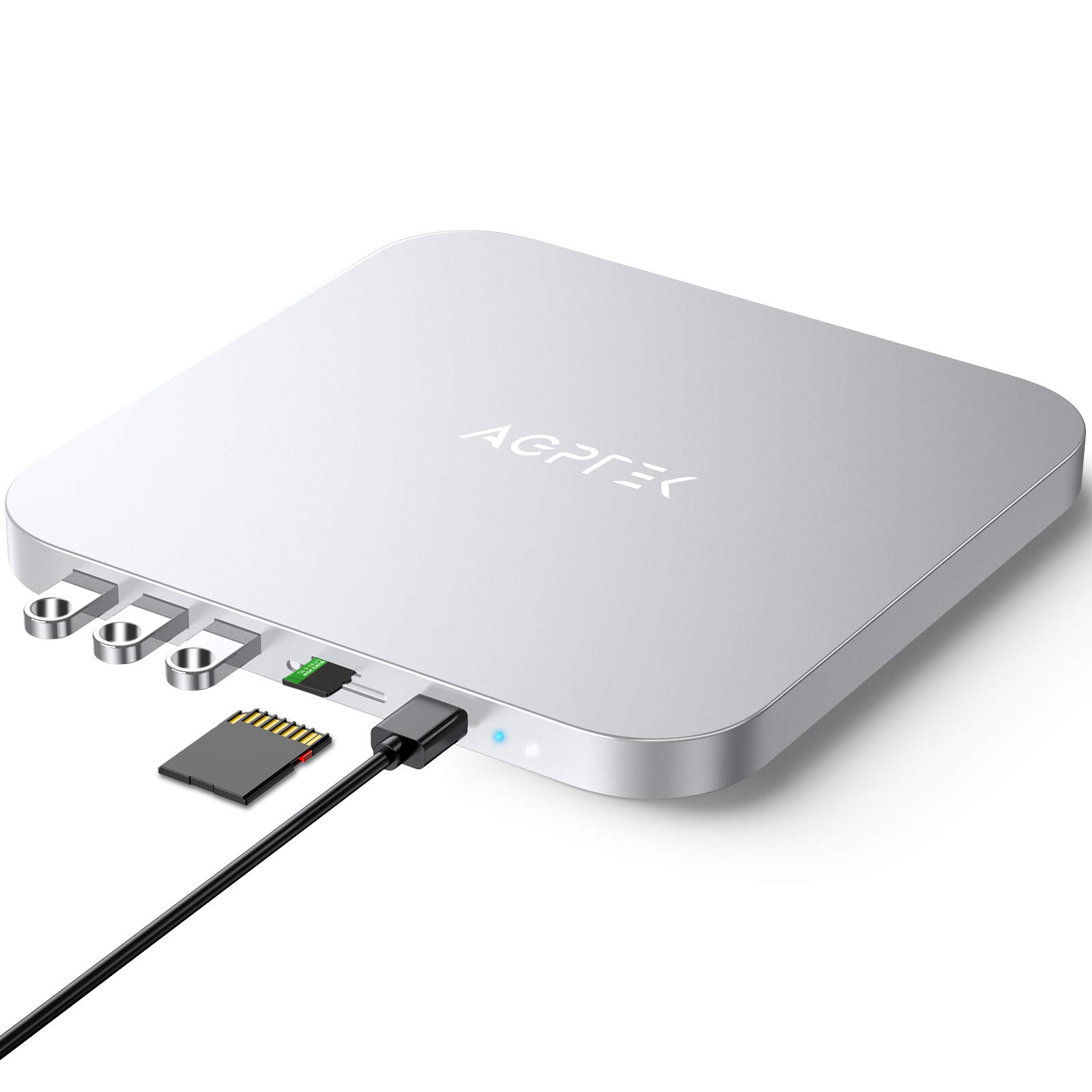 AGPTEK USB-C Hub with Hard Drive Enclosure & Docking Station for Mac Mini M1/M2 - 6-in-1 Adapter with SATA SSD/HDD Slot, SD/TF Card Readers, USB Ports - Silver Stand Compatible with Mac Mini 2020 (Perfect for Data Transfer & Media Editing)