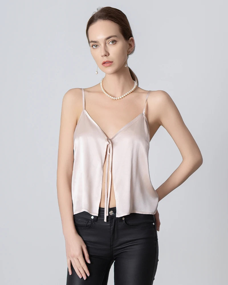 Elegant V-Neck Front Open Silk Camisole for Women - Soft & Breathable Sleepwear, Loungewear & Layering Piece - Perfect for Bedtime, Relaxing at Home or Under Blazers