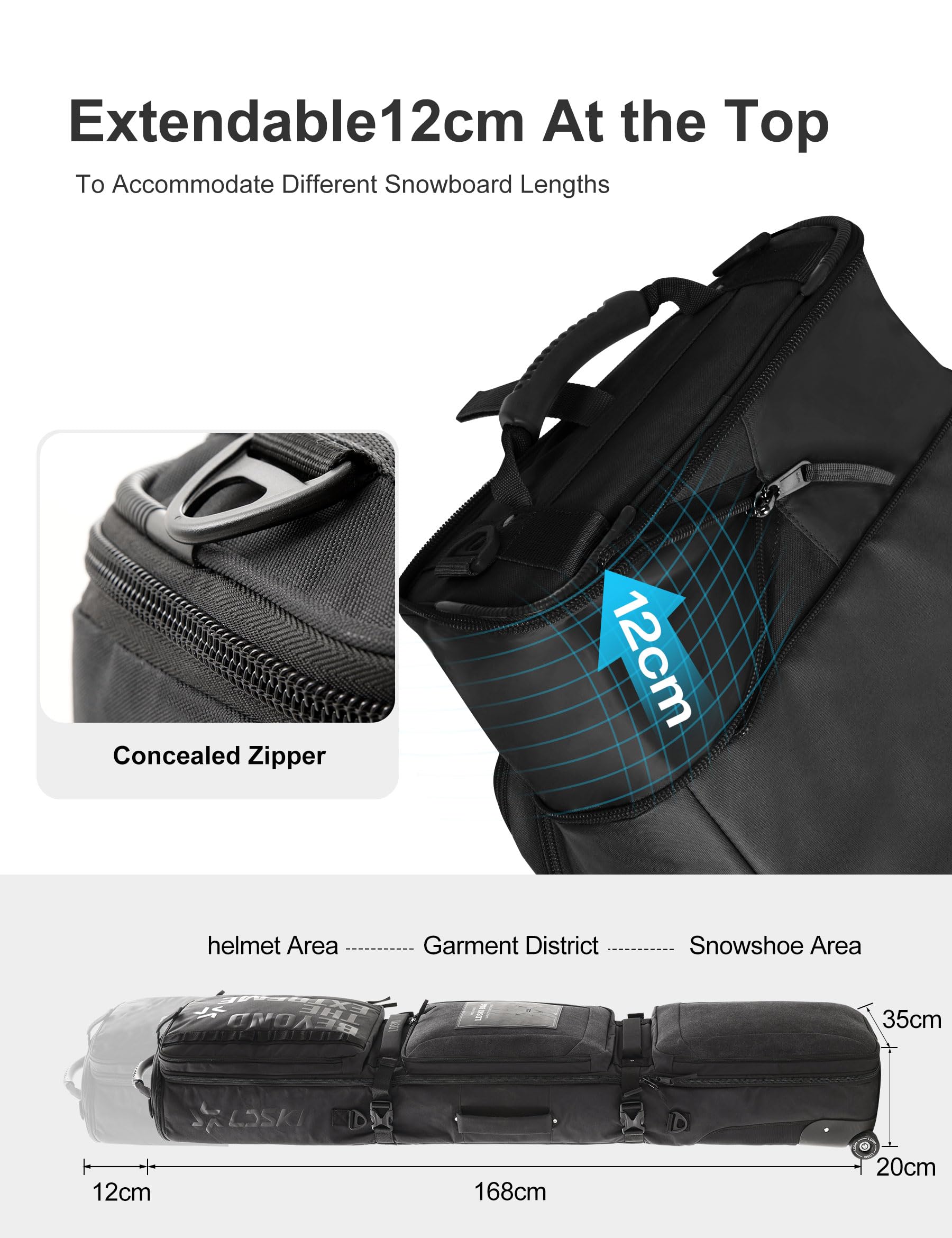 Waterproof Padded Snowboard & Ski Bag with Wheels - Expandable Adjustable Travel Ski Bag for Airplane, Perfect for Snowboarding Trips & Winter Sports Gear Storage