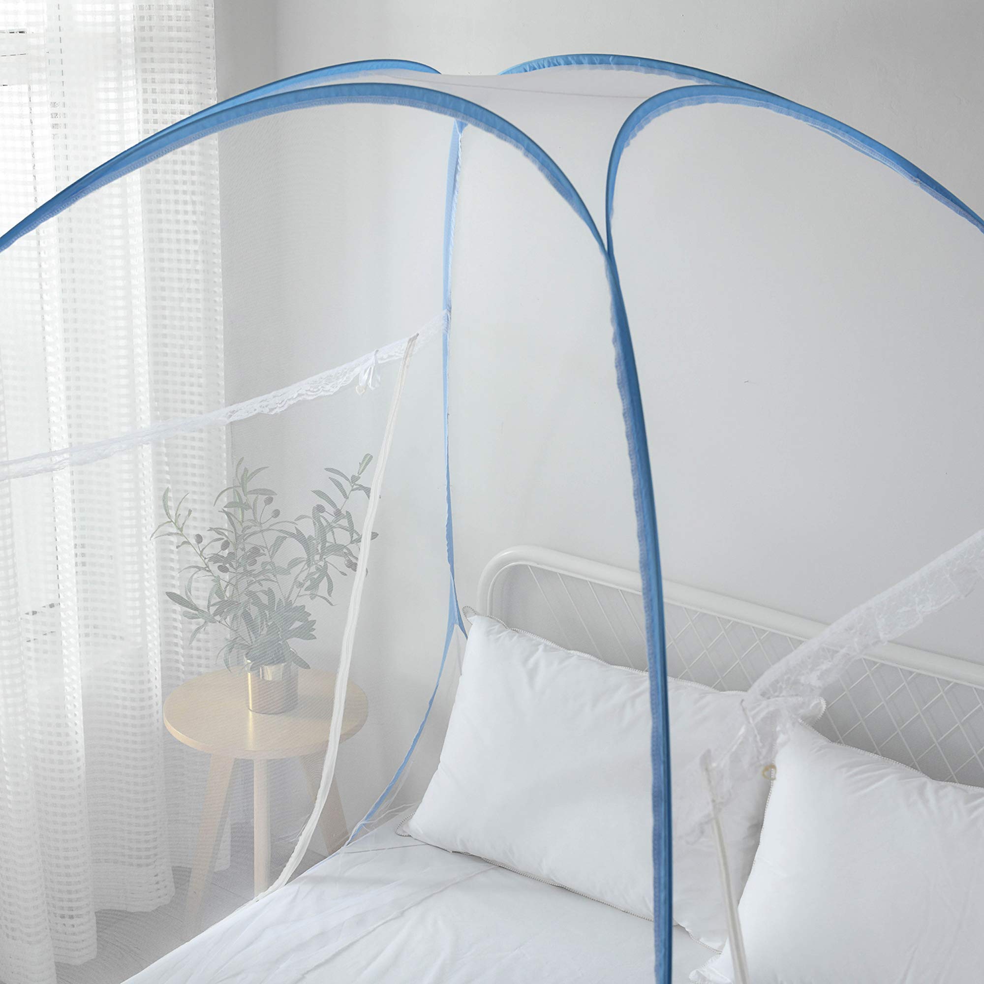 King Size Cotton Loft Pop Up Bed Tent for Adults - Breathable White & Blue Sleeping Privacy Canopy - Perfect for Camping, Guest Rooms & Nap Time