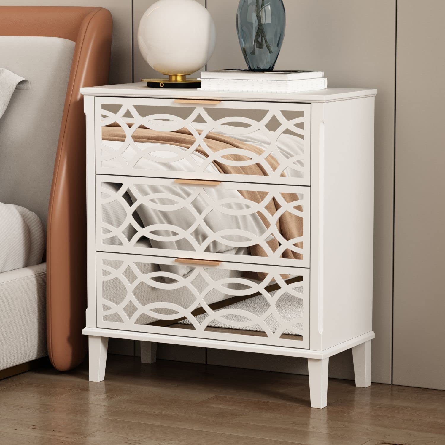 DiDuGo 3-Drawer Mirrored Dresser with Wooden Legs - White Wooden Chest for Bedroom & Living Room (26”W x 11.5”D x 28.5”H) - Perfect for Small Space Organization & Bedroom Decor