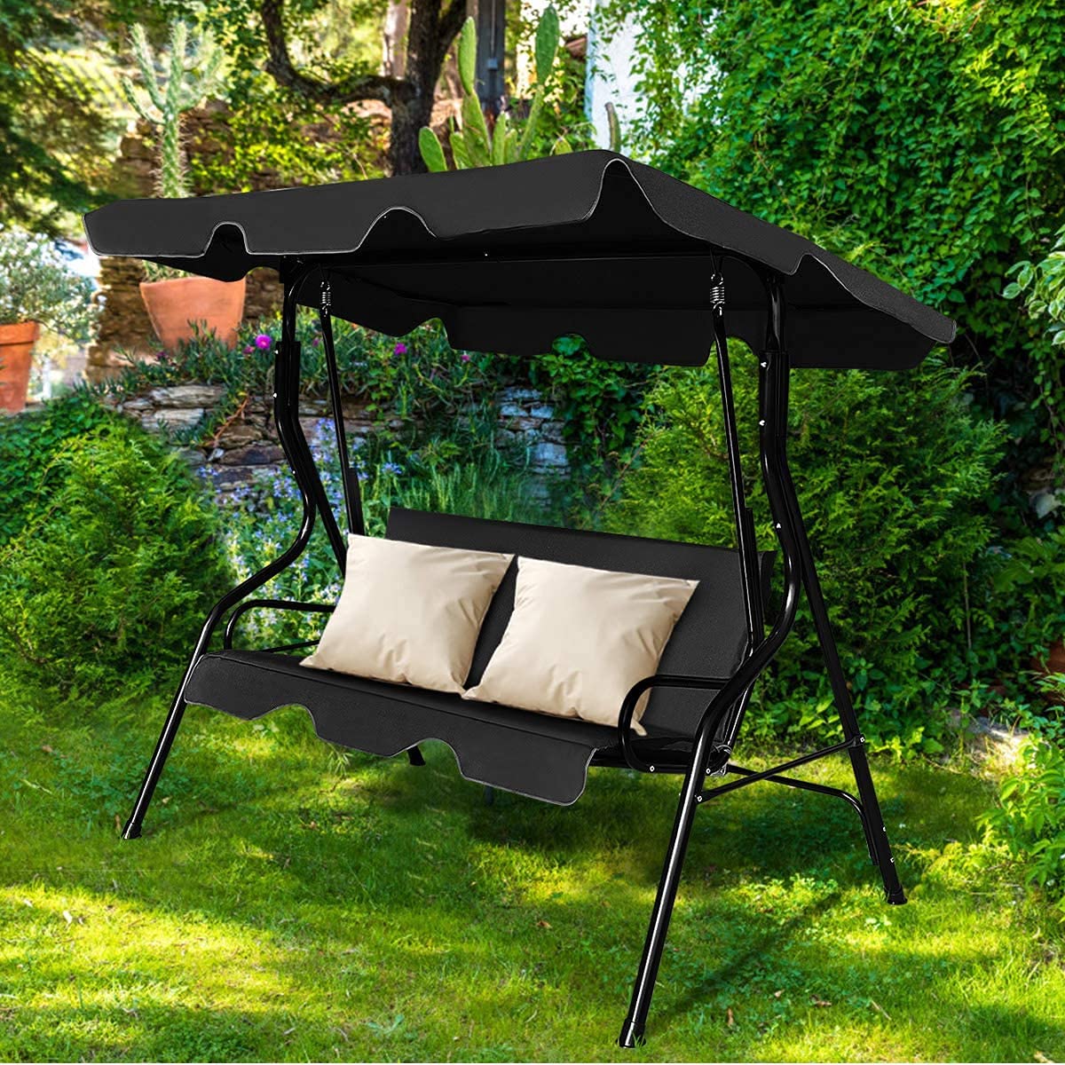 3-Seater Canopy Swing Chair for Patio - Waterproof Outdoor Hanging Cushioned Seat with Adjustable & Removable Canopy - Sturdy Steel Frame & Durable Polyester Oxford Fabric - Perfect for Backyard, Garden, Poolside Relaxation (Black)